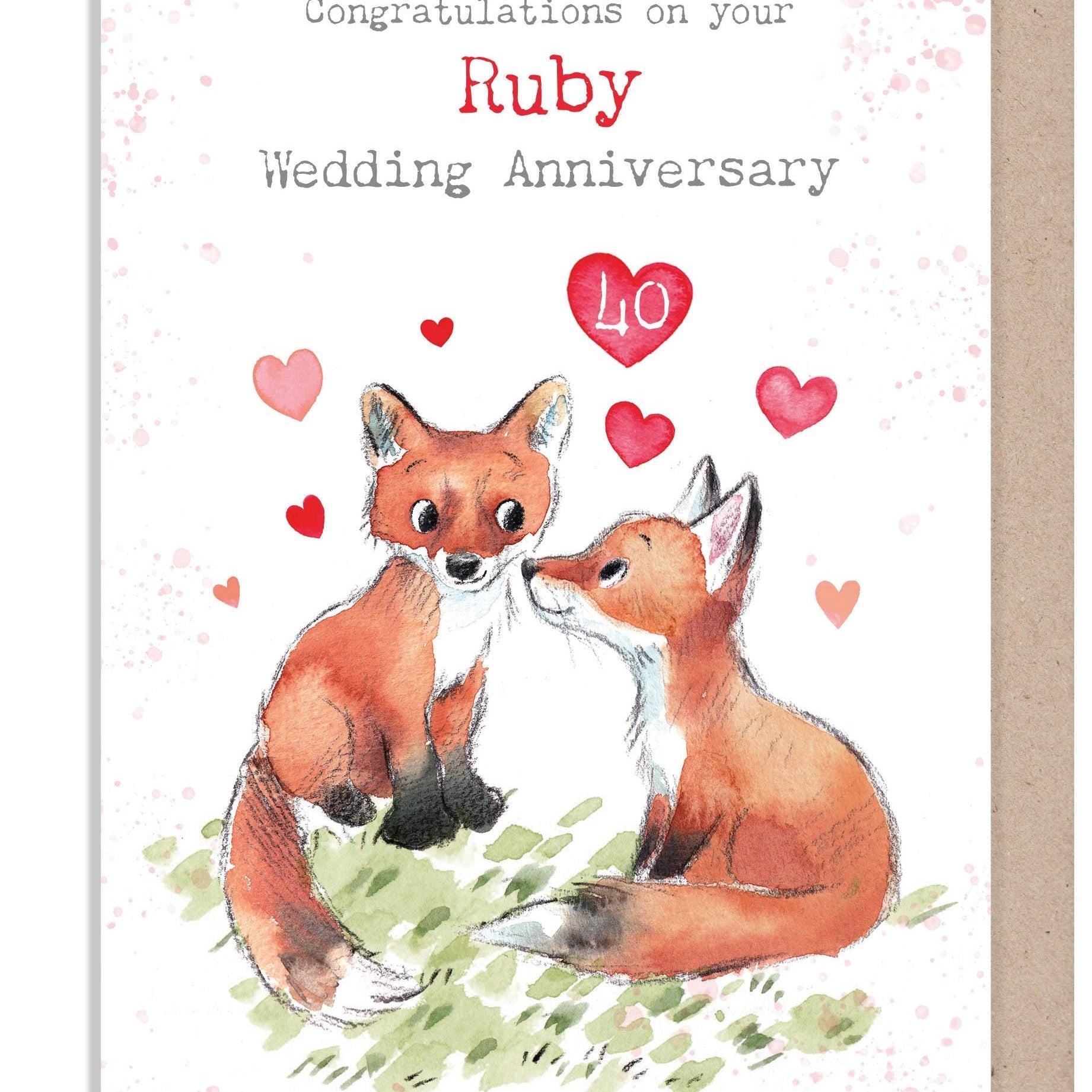 Greeting Card - Ruby Wedding Anniversary  - Two Foxes with Hearts