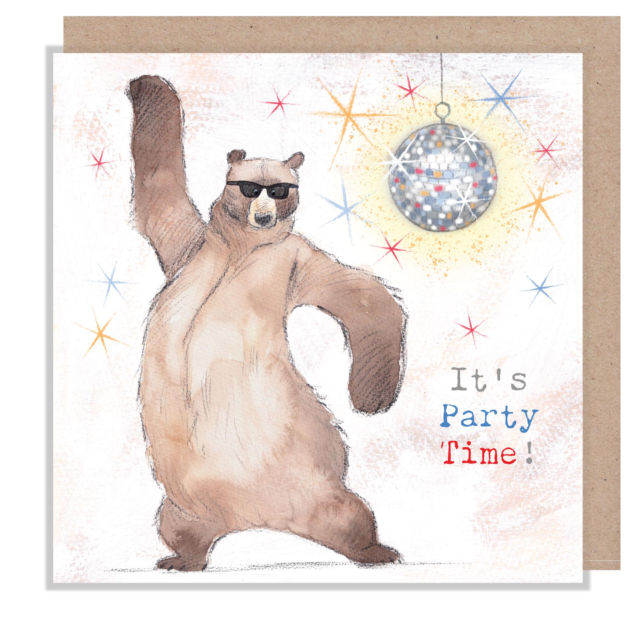Greeting Card - It's Party Time - Dancing Bear with Glitter Ball