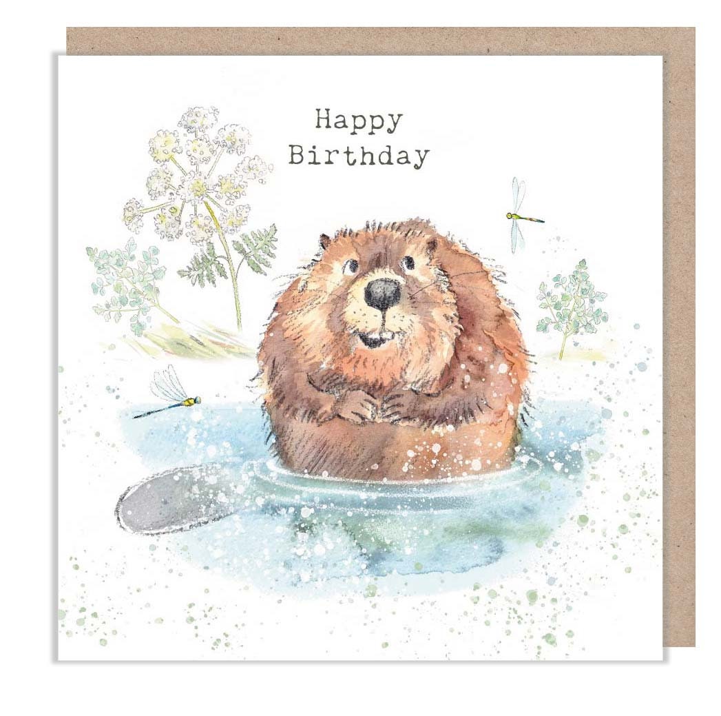 Greeting Card 'Happy Birthday' - Beaver with Dragonflies