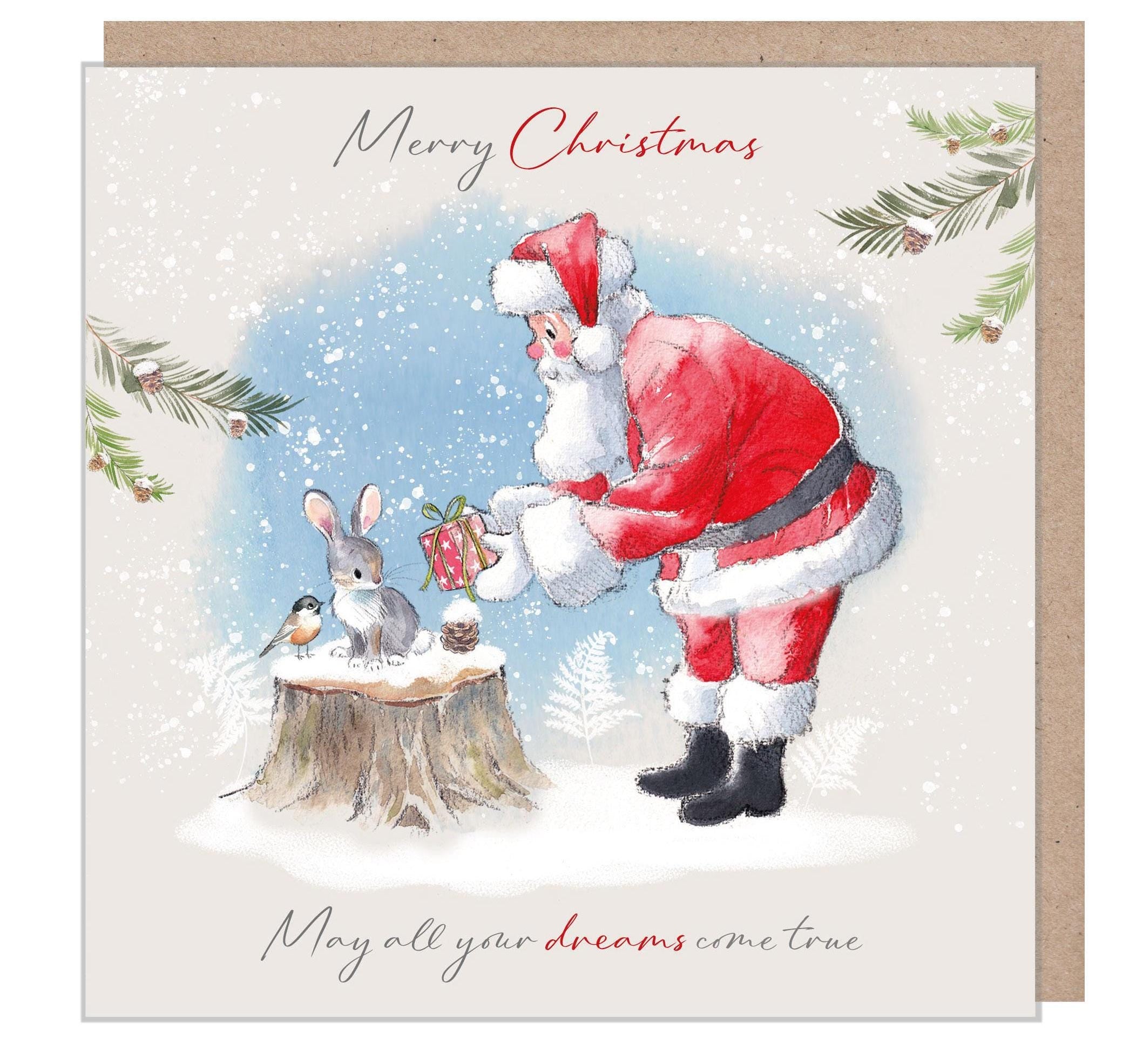 Christmas Card - Santa with Rabbit and Bird - Merry Christmas