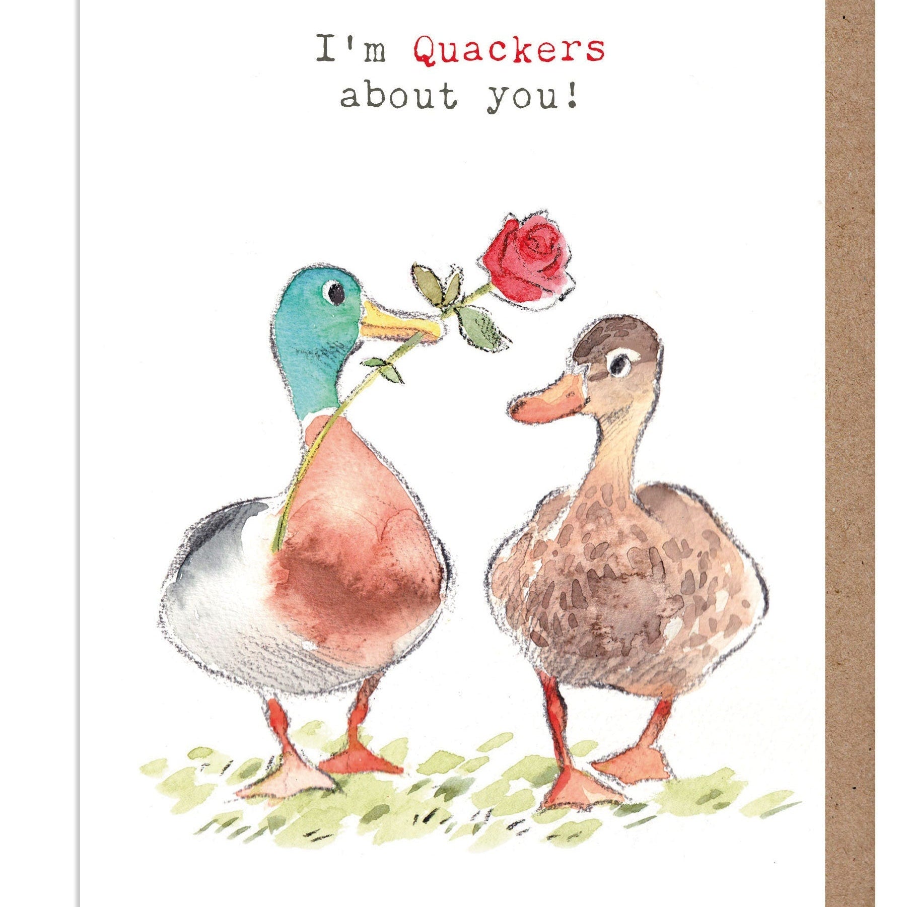 Greeting Card 'I'm Quackers About You!' - 2 Ducks with Rose - 127 x 177mm