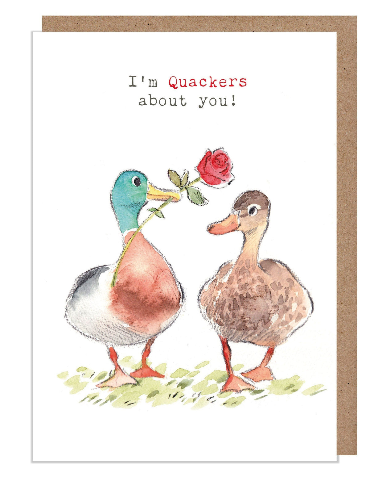 Greeting Card 'I'm Quackers About You!' - 2 Ducks with Rose - 127 x 177mm