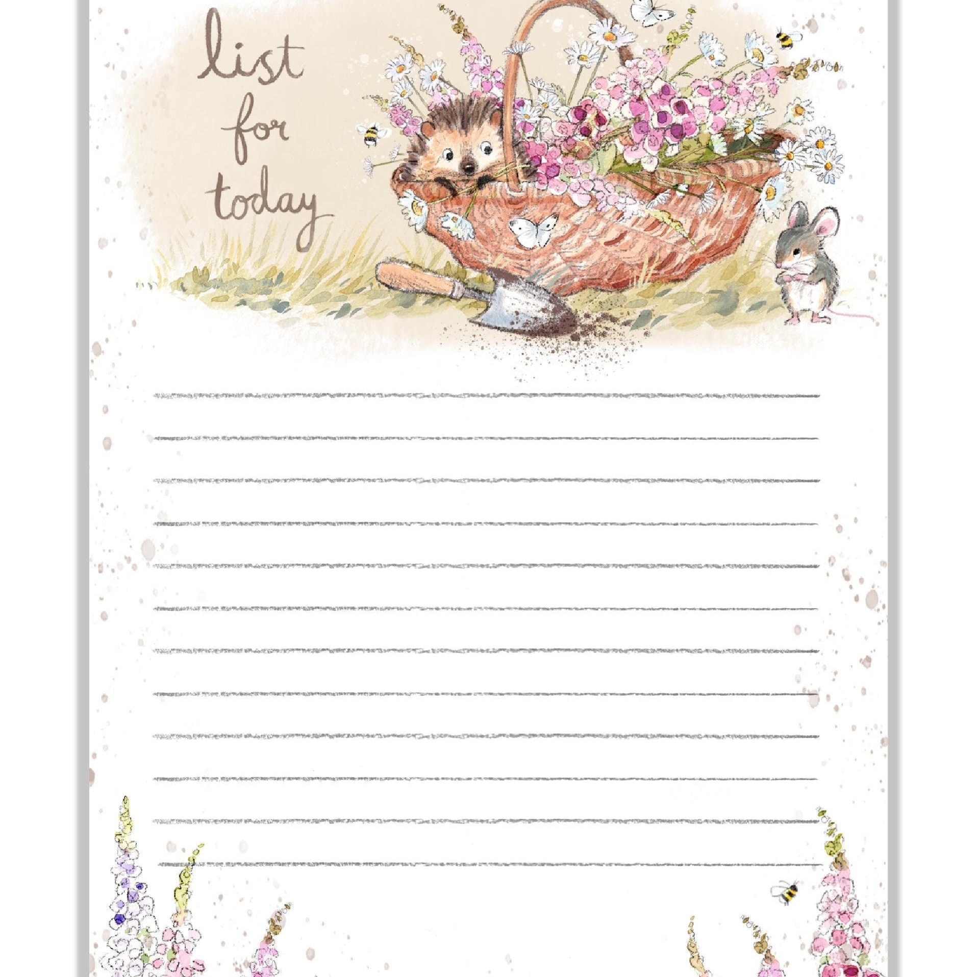Note Pad - 100 Sheets - List For Today - Hedgehog and Mouse in Basket Of Flowers
