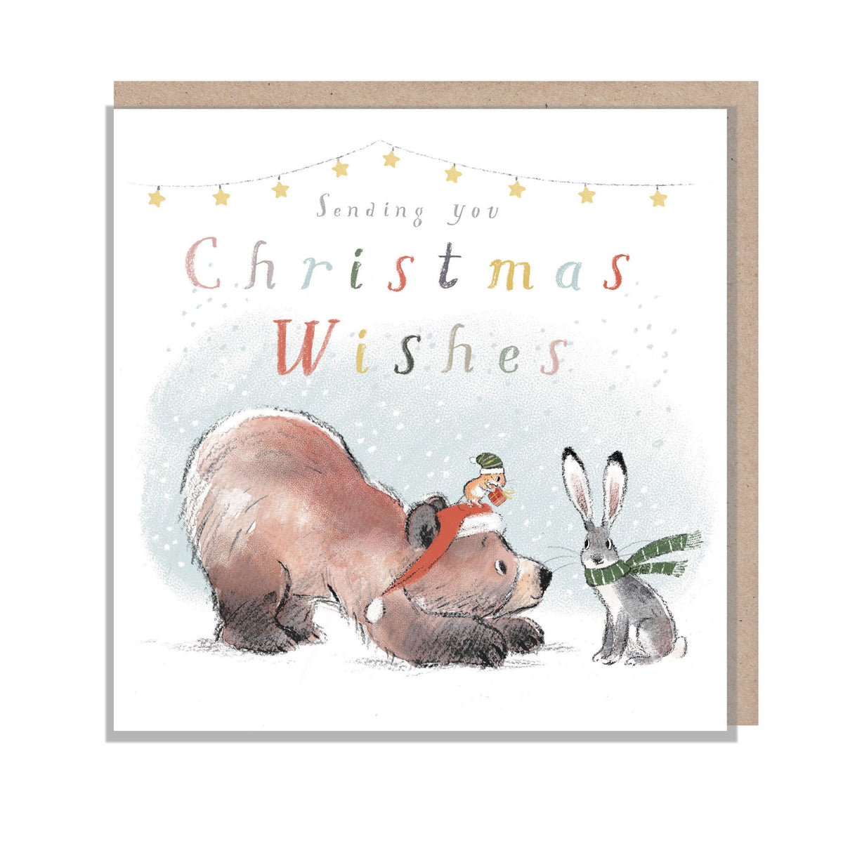 Christmas Card - Sending You Christmas Wishes - Bear with Mouse on Head - Looking at Hare.