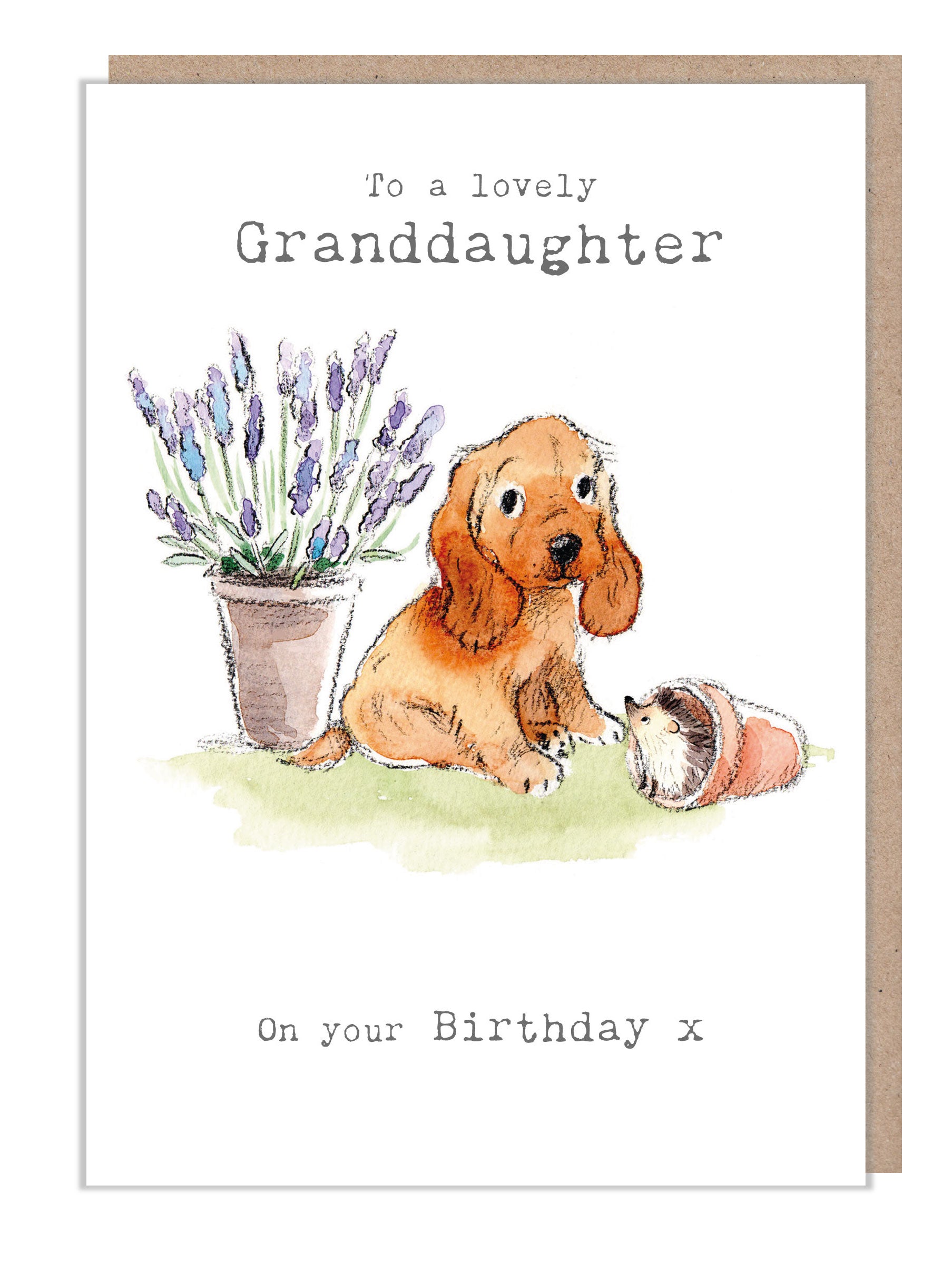 Cute Dog Card - Granddaughter Birthday - Cocker Spaniel with Lavender and Hedgehog
