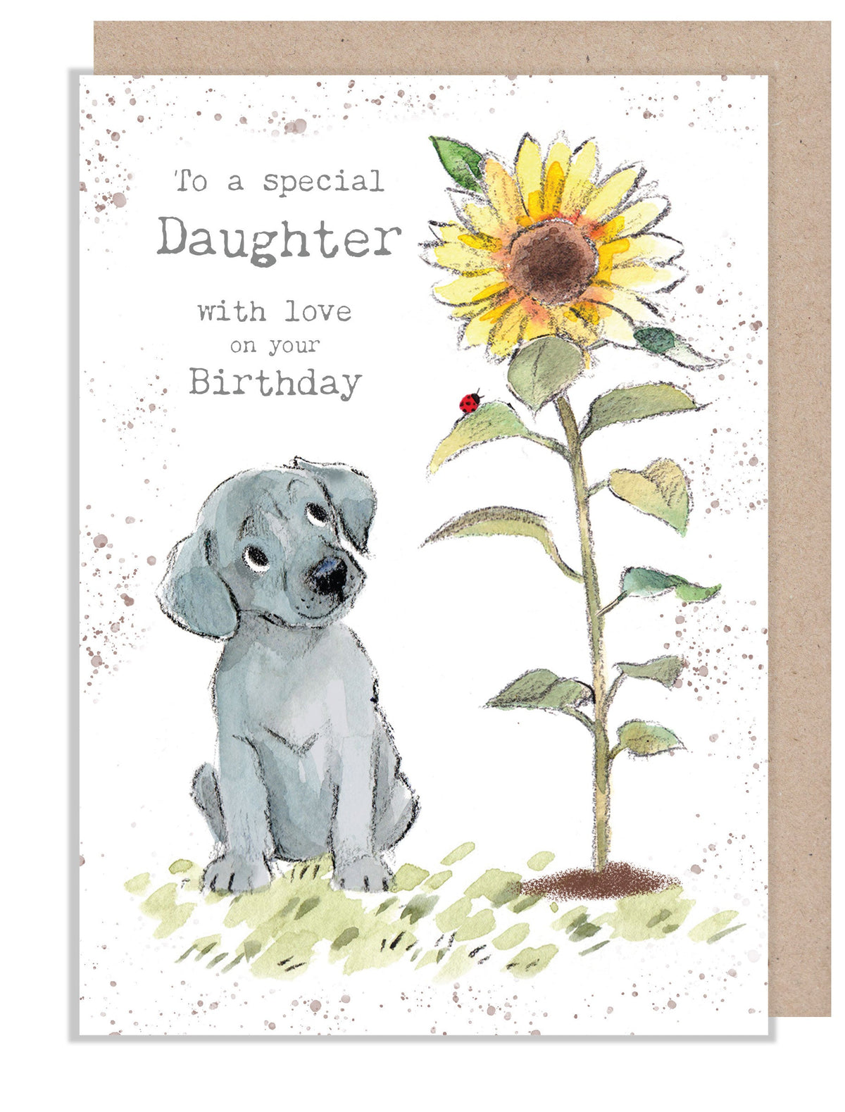 Birthday Card - Special Daughter - Grey Puppy with Sunflower