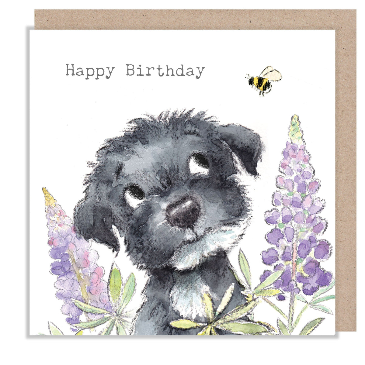 Greeting Card - Happy Birthday - Black Puppy, Bee and Purple Lupins