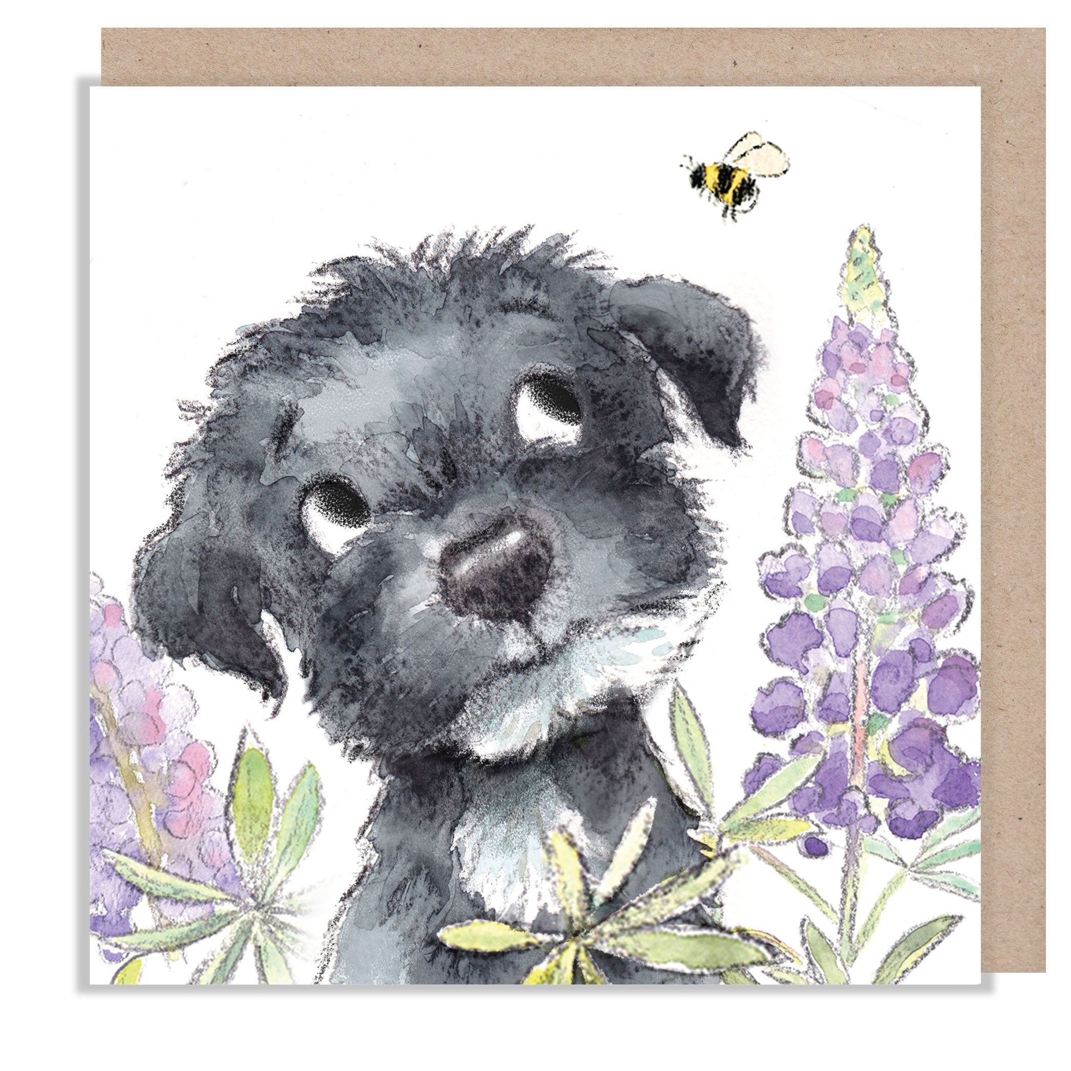 Greeting Card - Blank - Black Puppy, Bee and Purple Lupins