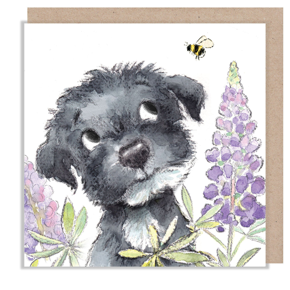 Greeting Card - Blank - Black Puppy, Bee and Purple Lupins