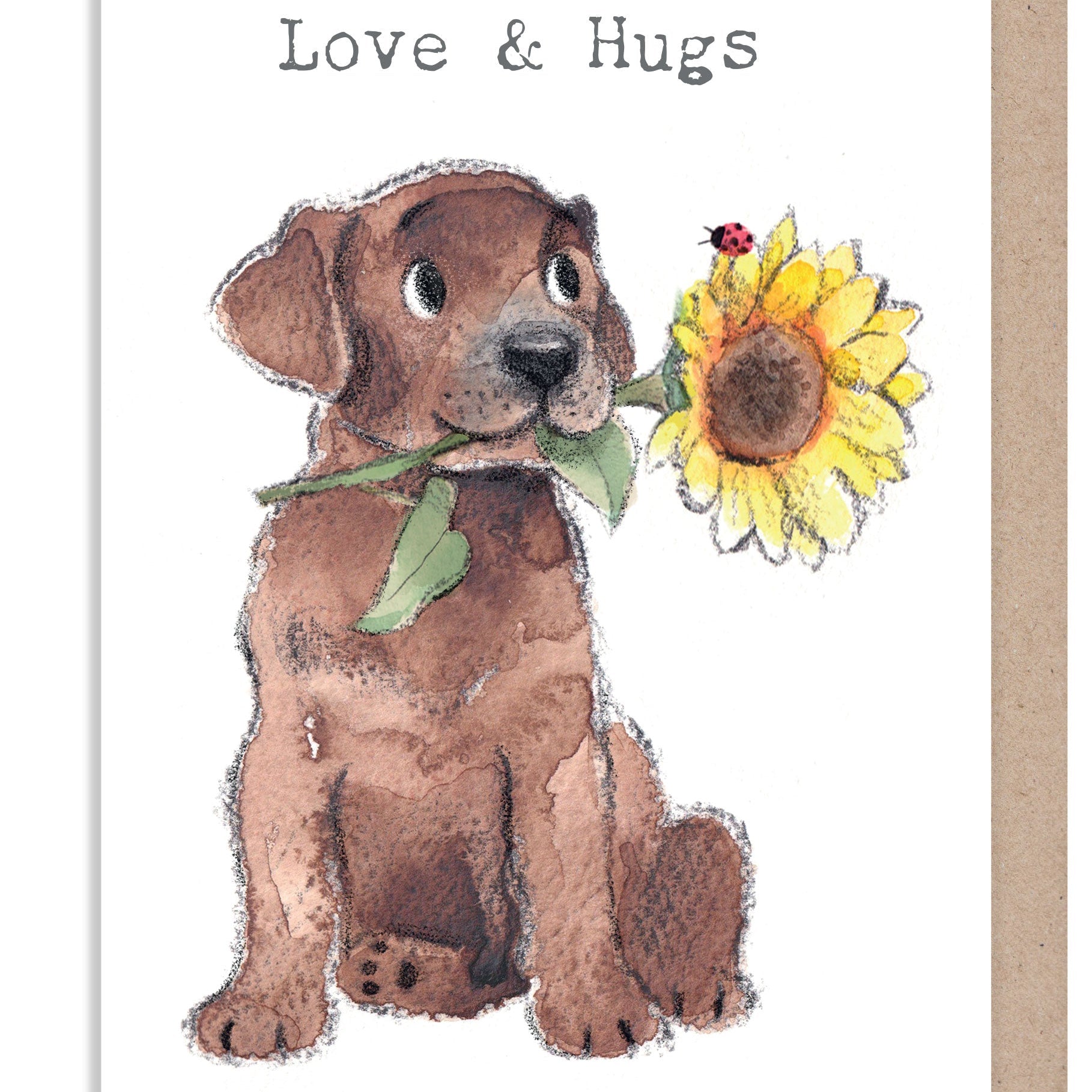 Greeting Card - Love & Hugs - Brown Labrador with Sunflower