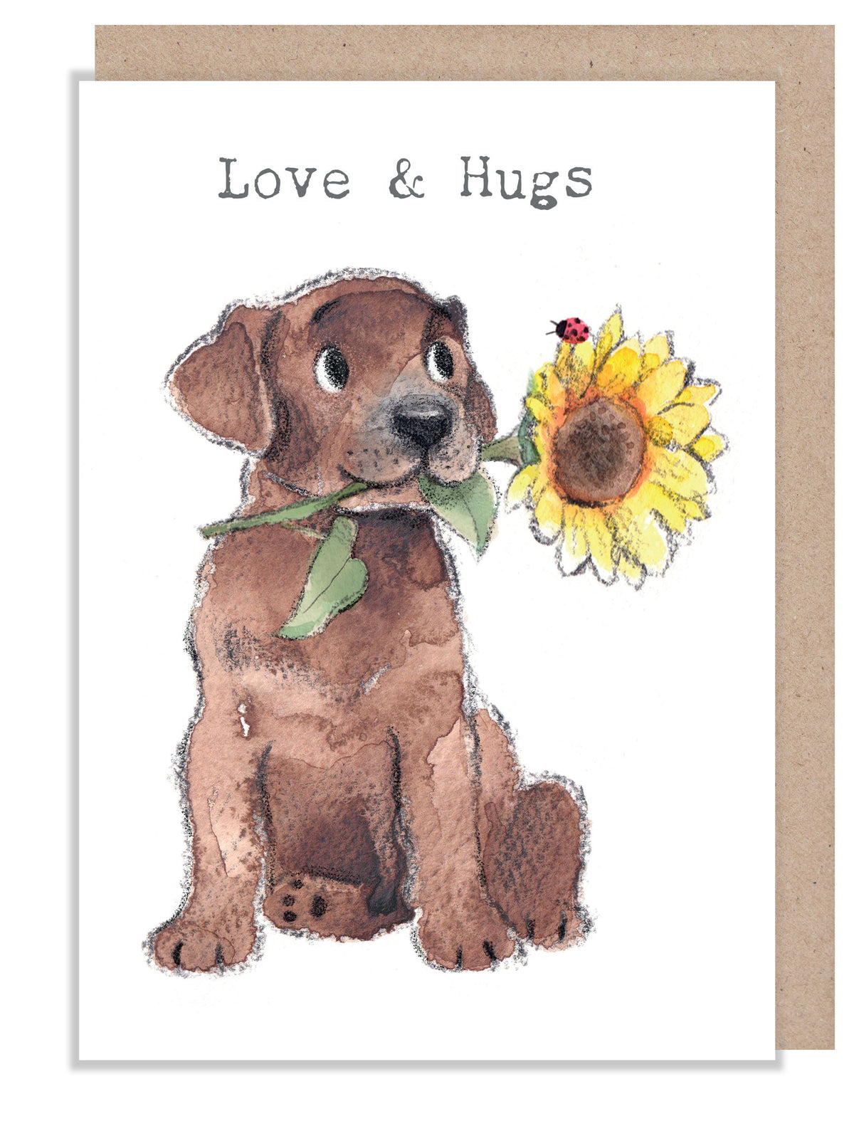 Greeting Card - Love & Hugs - Brown Labrador with Sunflower