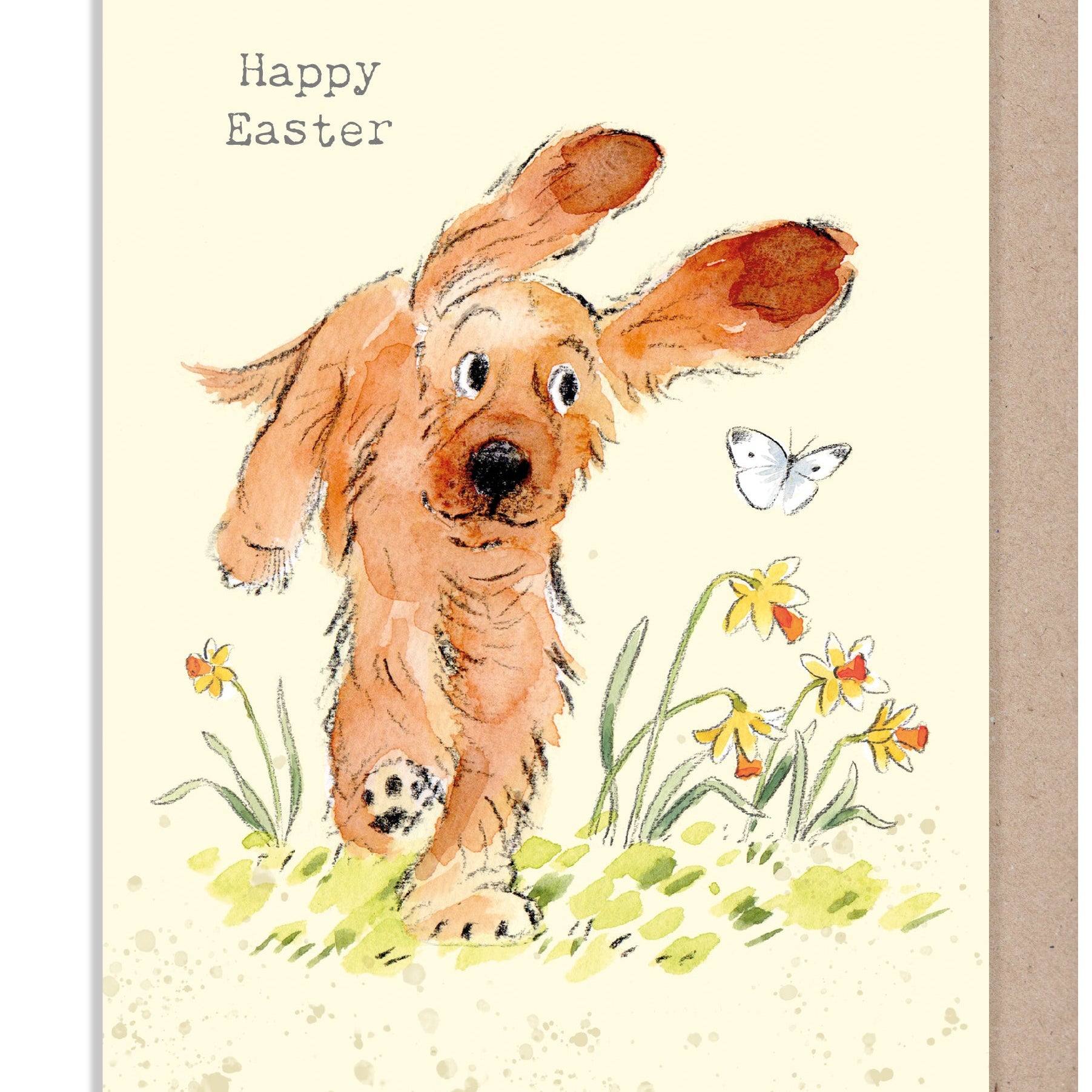 Cute Easter Card - Happy Easter - Jumping Cocker Spaniel with Daffodils