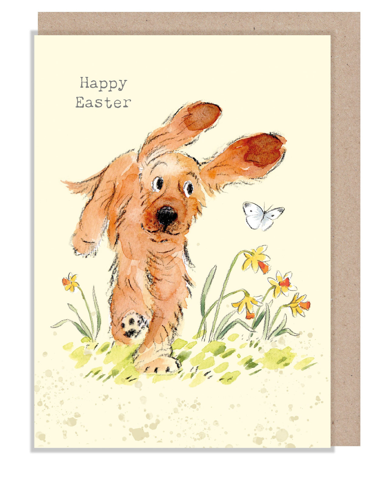 Cute Easter Card - Happy Easter - Jumping Cocker Spaniel with Daffodils