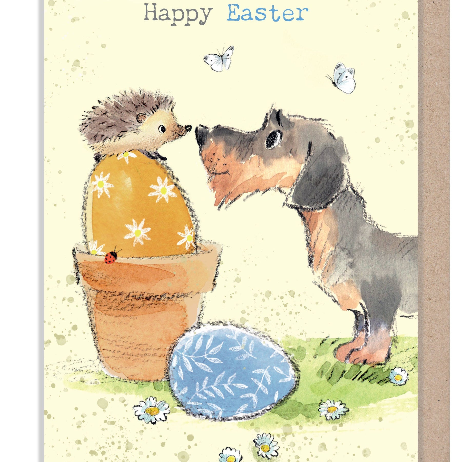 Easter Card - Happy Easter - Dachshund, Hedgehog, Easter Eggs and Flowerpot