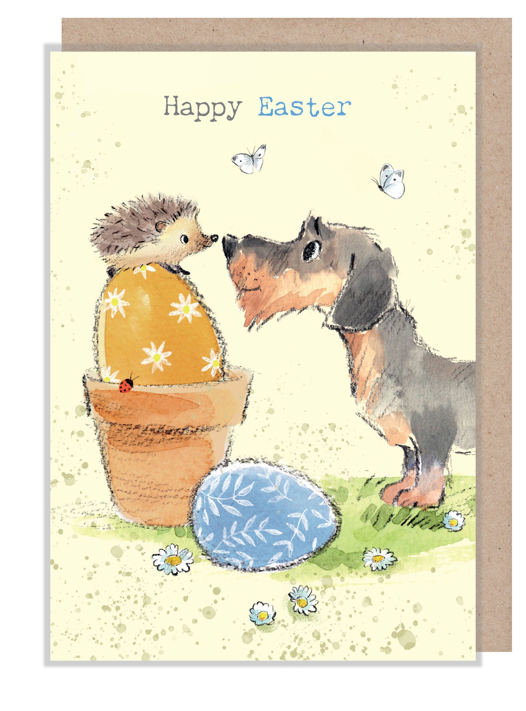 Easter Card - Happy Easter - Dachshund, Hedgehog, Easter Eggs and Flowerpot