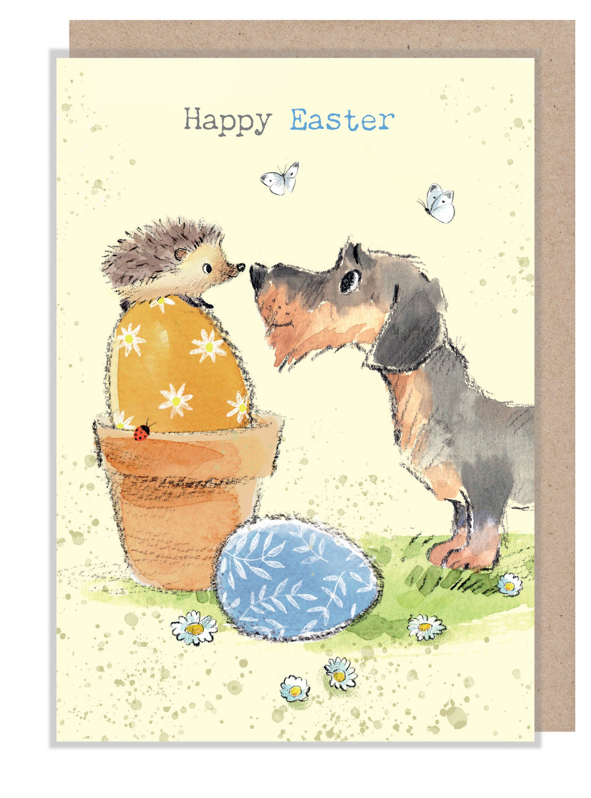 Easter Card - Happy Easter - Dachshund, Hedgehog, Easter Eggs and Flowerpot