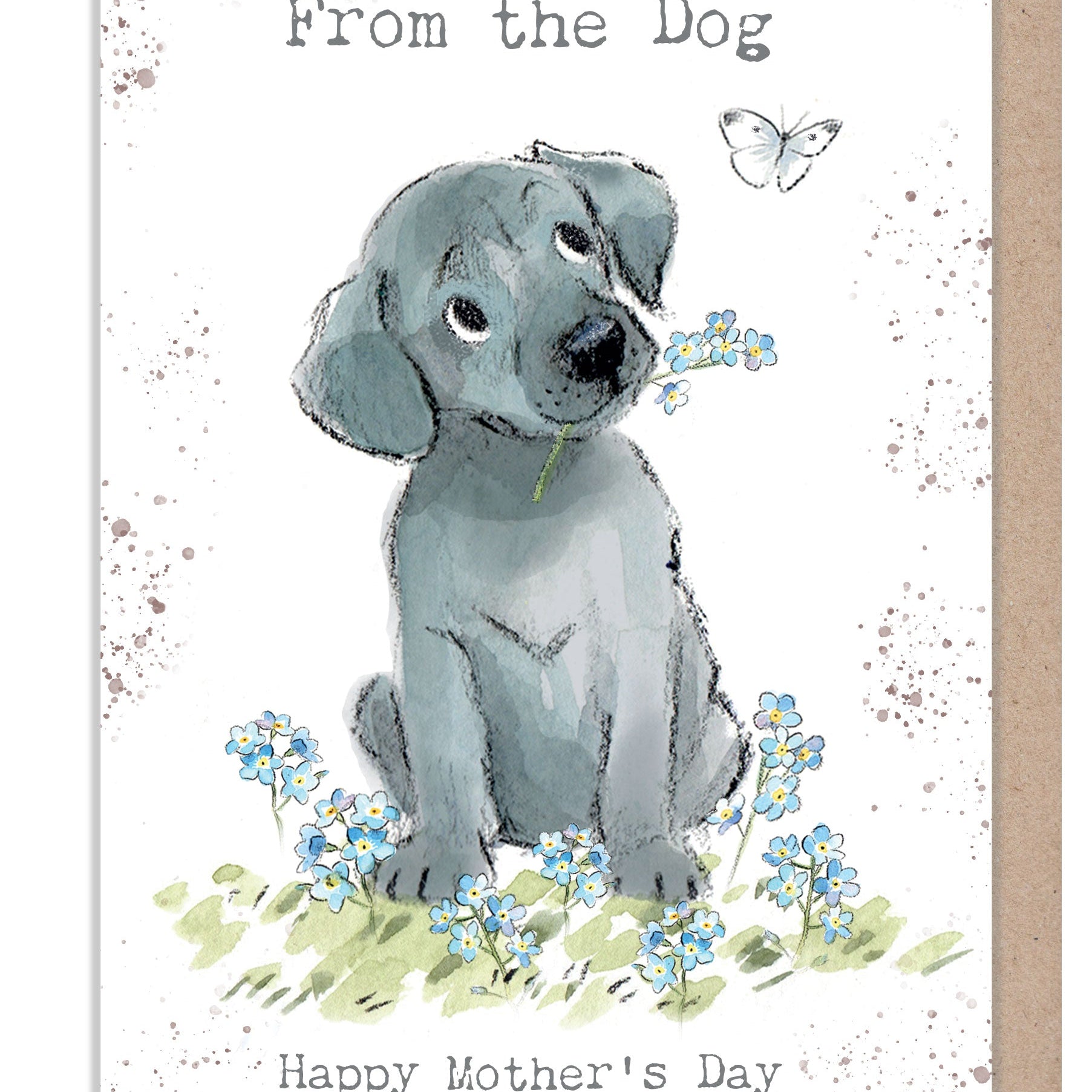 Mother's Day Card - From the Dog - Grey Puppy with Flowers and Butterfly