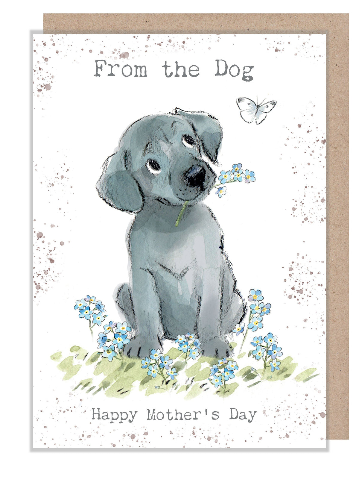 Mother's Day Card - From the Dog - Grey Puppy with Flowers and Butterfly