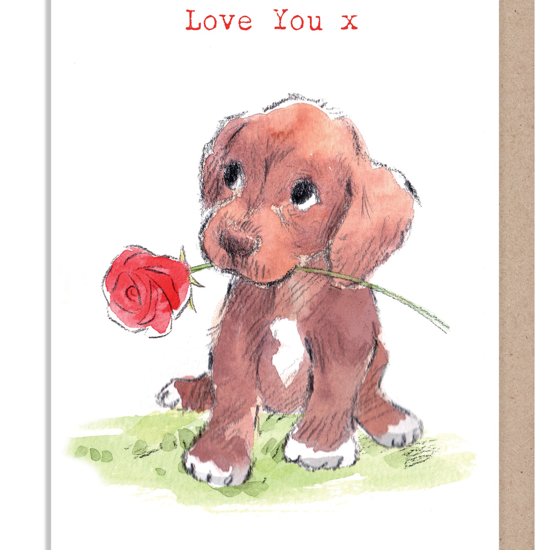 Greeting Card - Love You - Brown Puppy with Red Rose