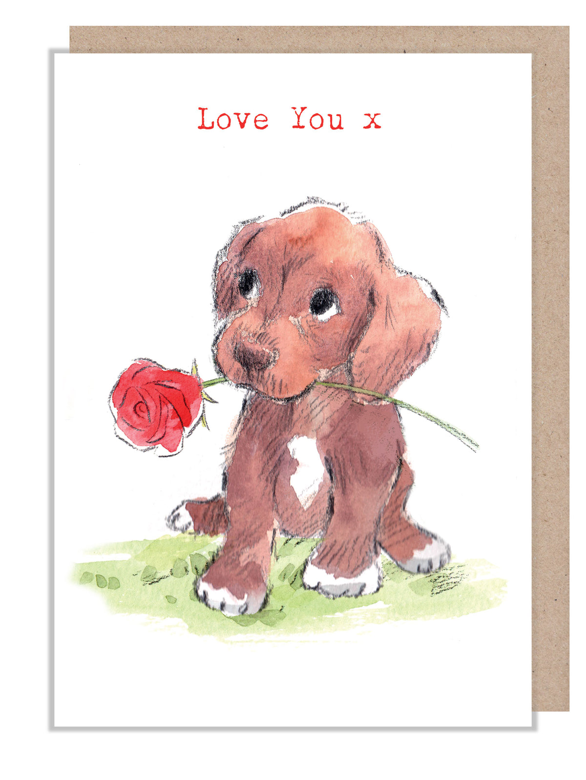 Greeting Card - Love You - Brown Puppy with Red Rose