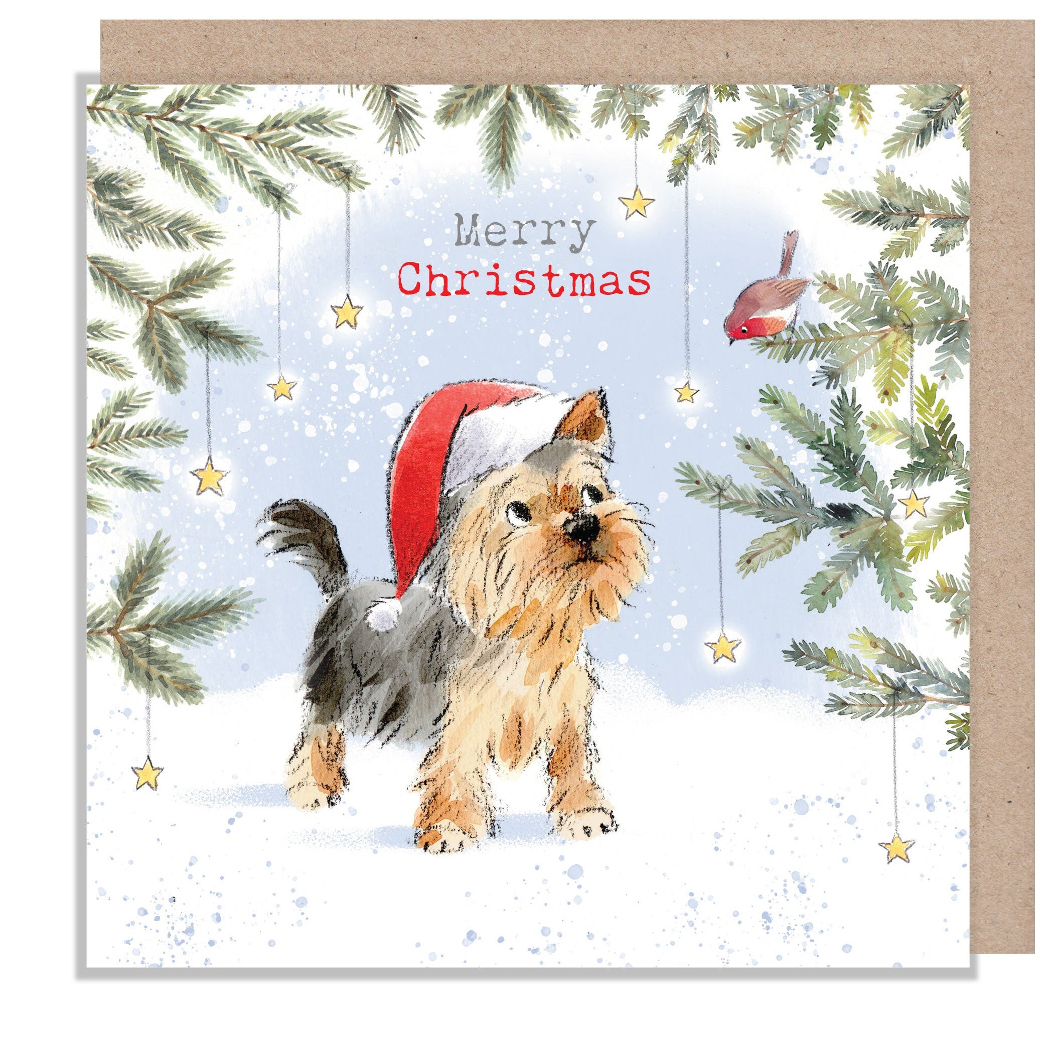 Christmas Card - Merry Christmas - Yorkshire Terrier with Robin and Stars