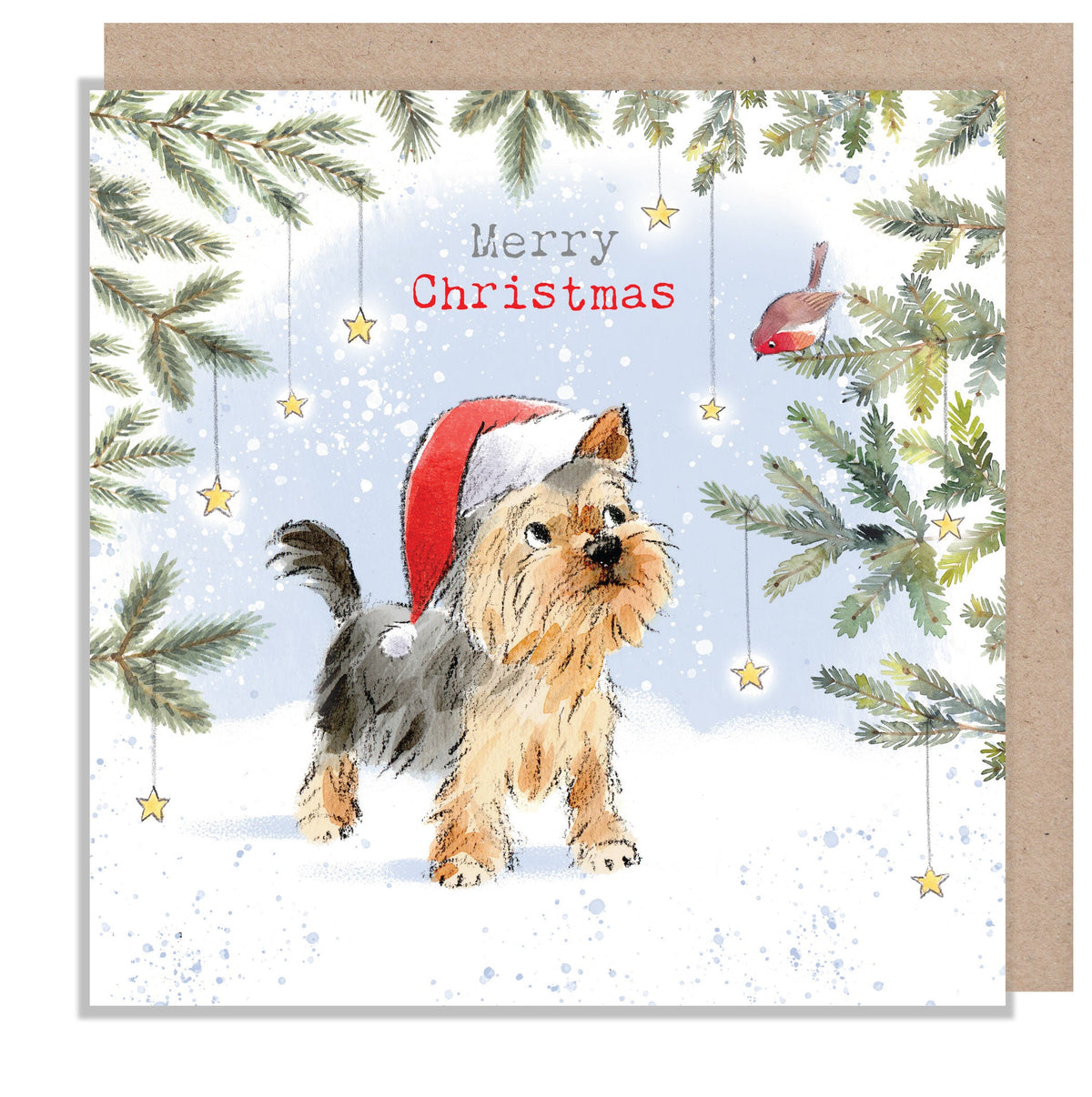 Christmas Card - Merry Christmas - Yorkshire Terrier with Robin and Stars