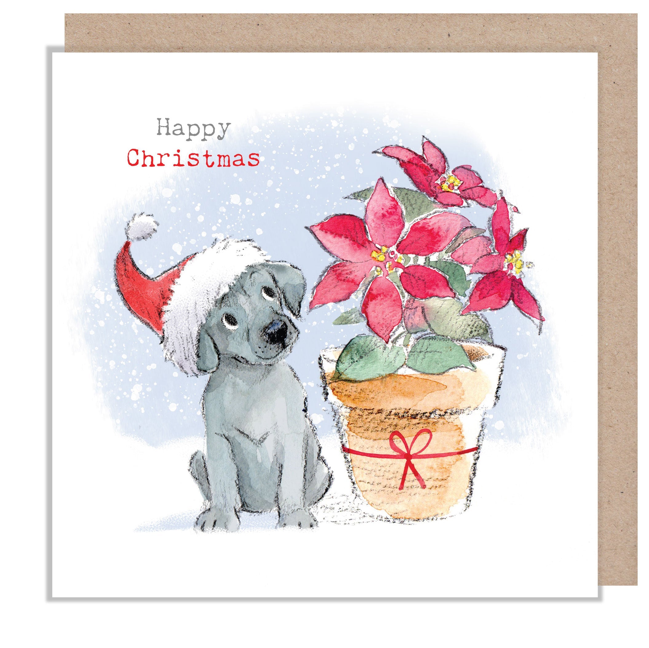 Christmas Card - Happy Christmas - Grey Puppy with Poinsettia