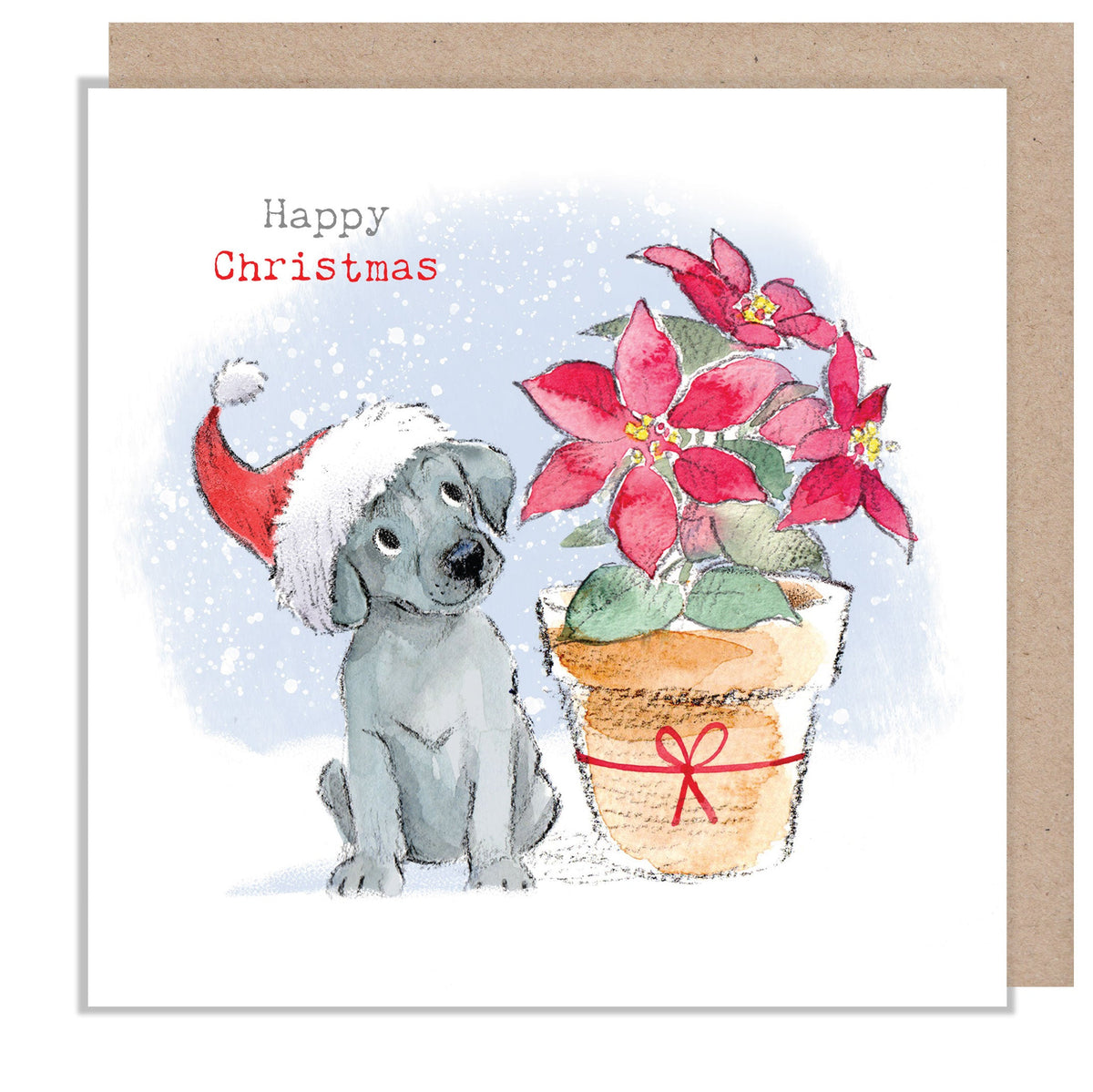 Christmas Card - Happy Christmas - Grey Puppy with Poinsettia