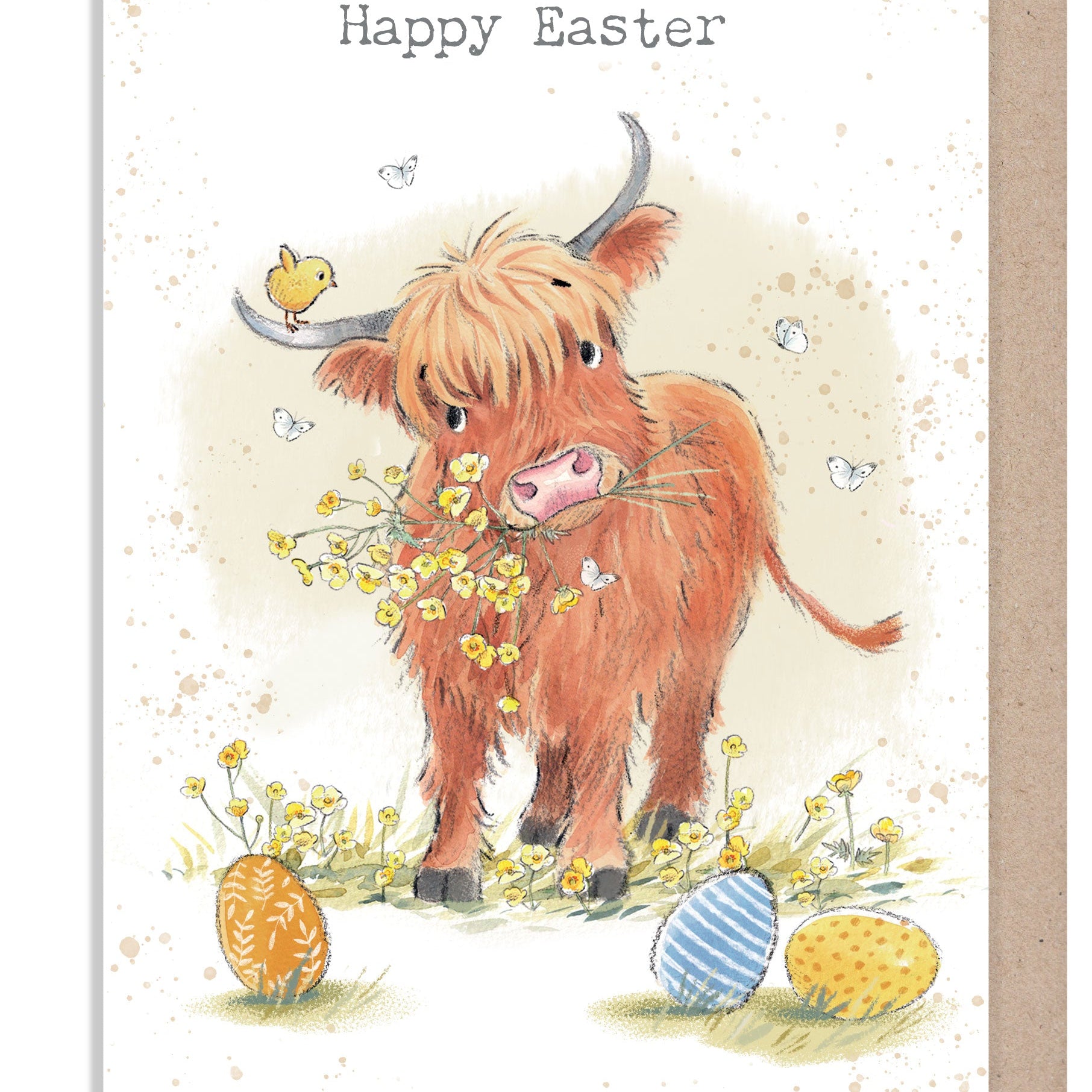 Easter Card - Happy Easter - Highland Cow, Chick and Eggs