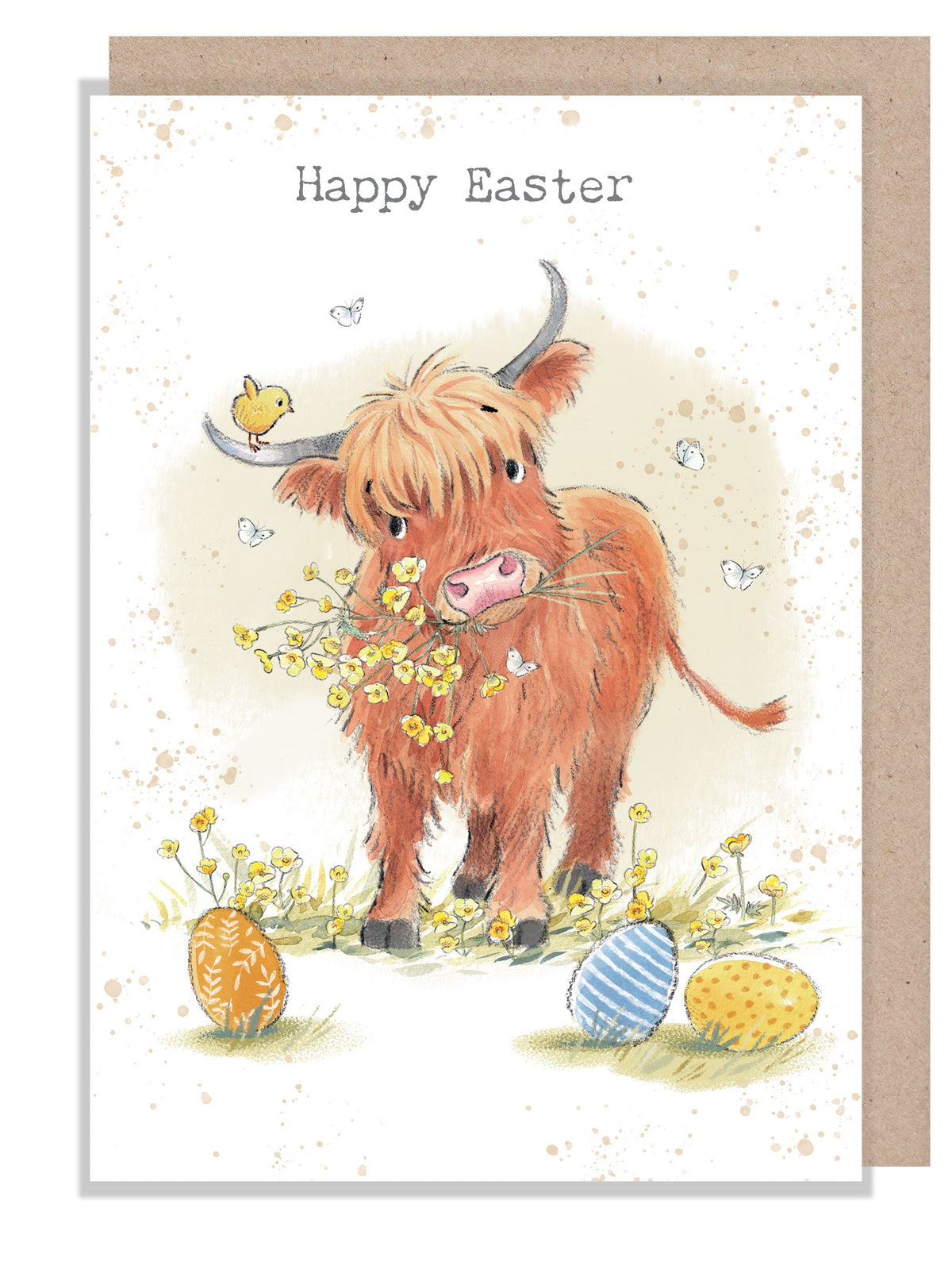 Easter Card - Happy Easter - Highland Cow, Chick and Eggs