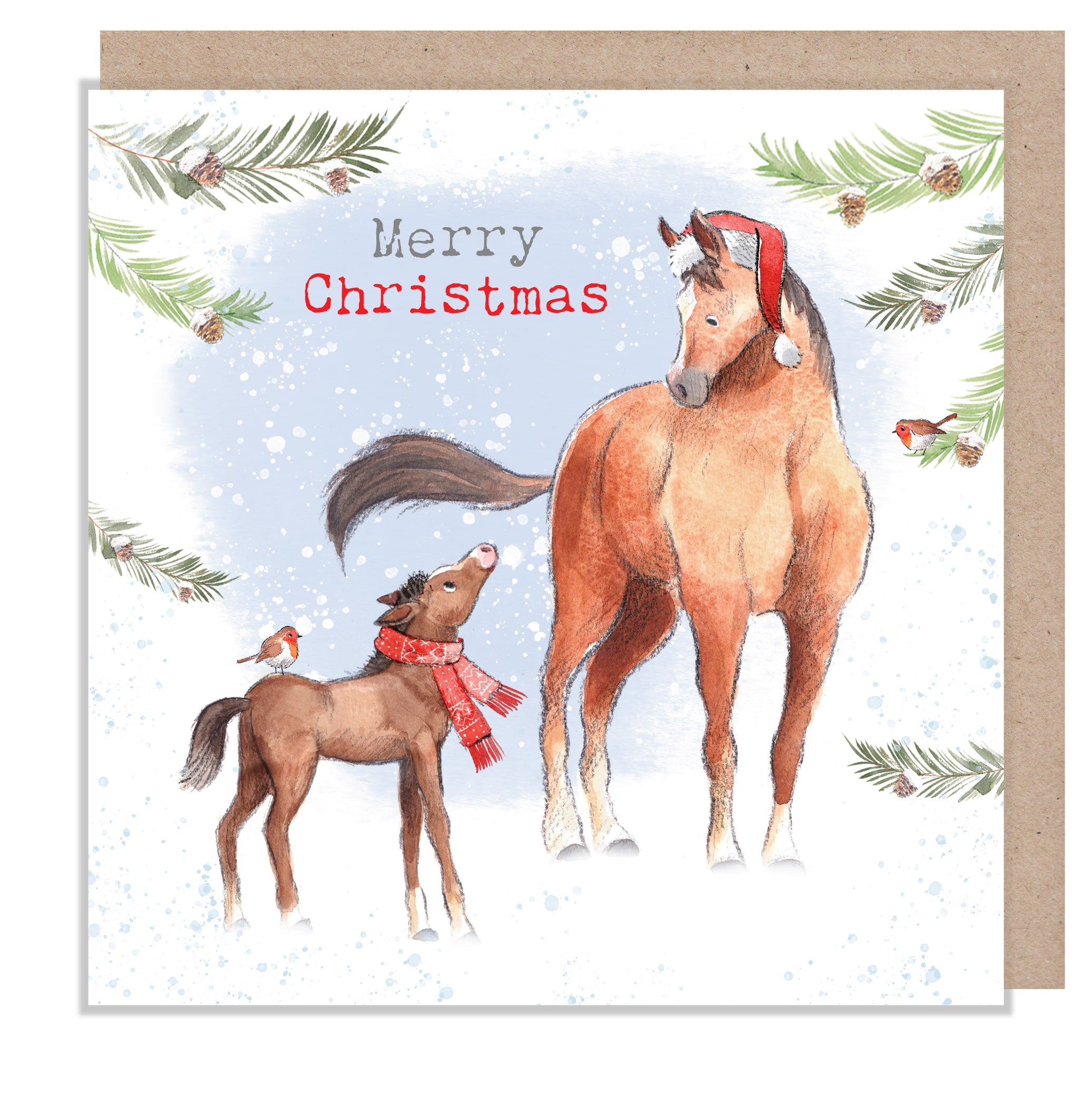 Christmas Card - Merry Christmas - Horse and Foal with Robin