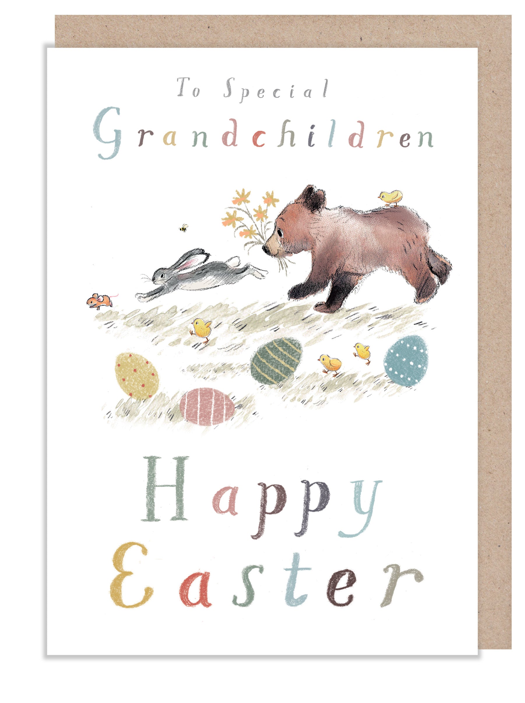 Happy Easter Card - Special GRANDCHILDREN - Bear, Hare and Mouse running