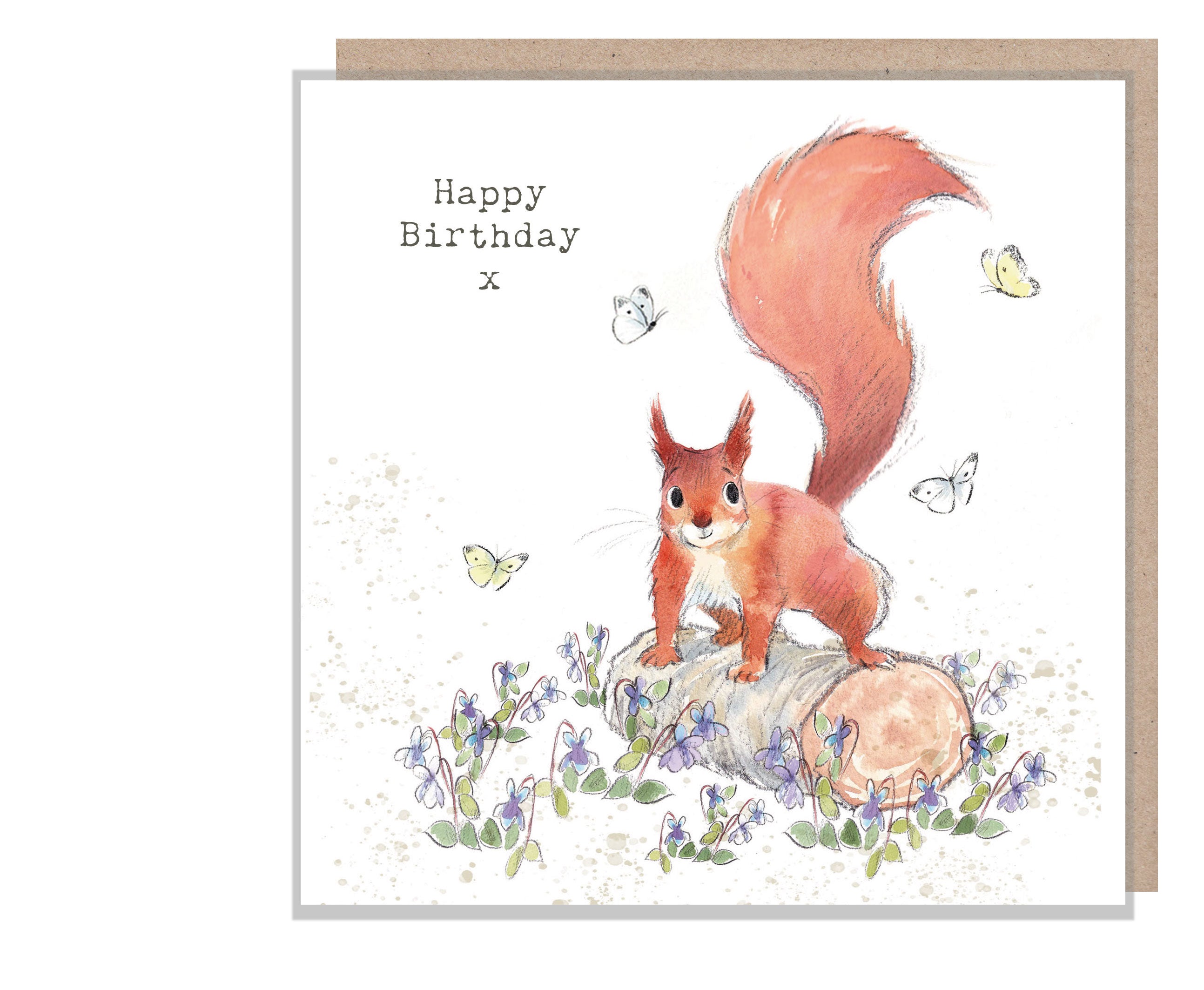 Birthday Card - Happy Birthday - Red Squirrel and Violets