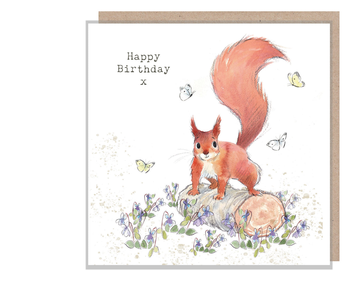 Birthday Card - Happy Birthday - Red Squirrel and Violets