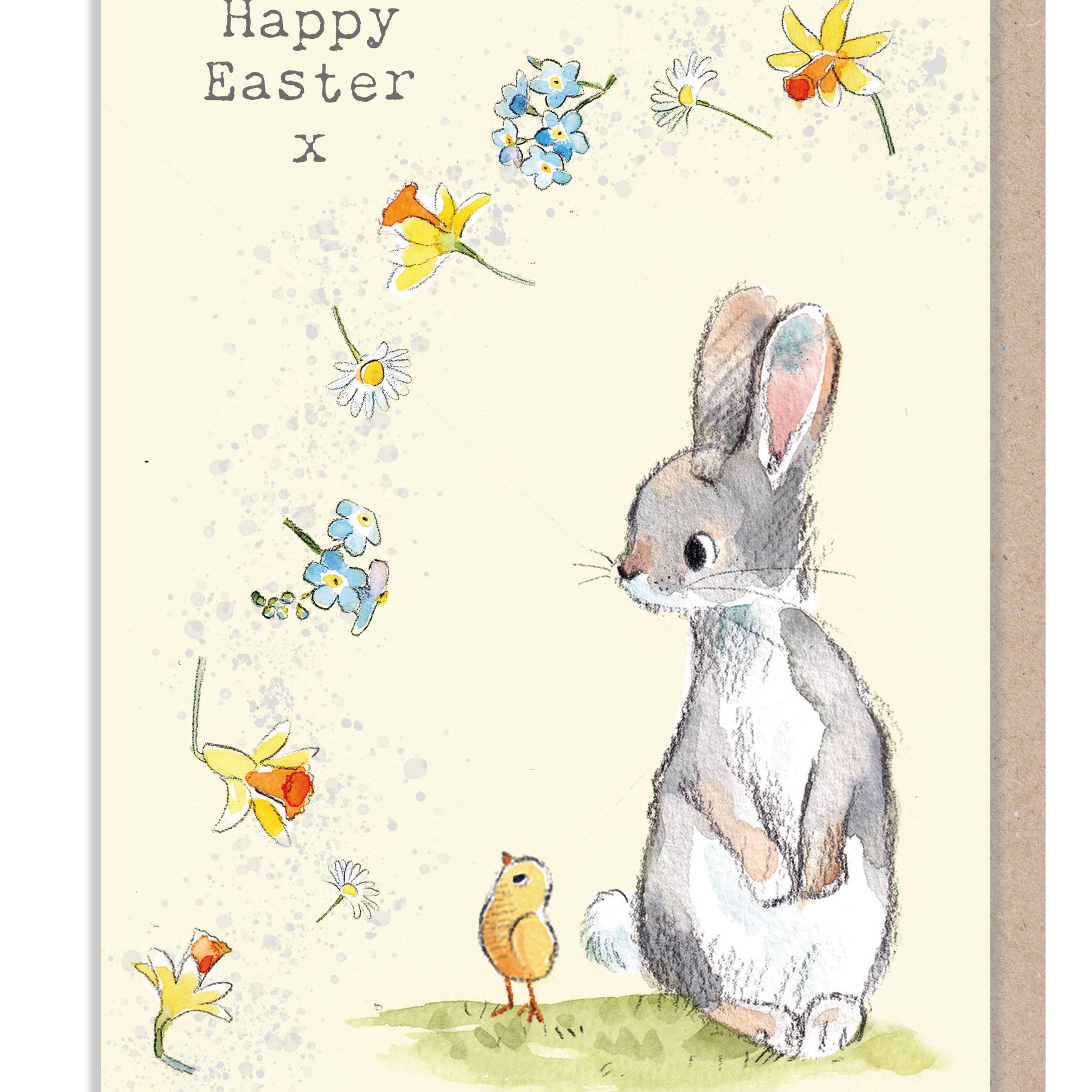 Happy Easter Card - Rabbit with Chick and flowers