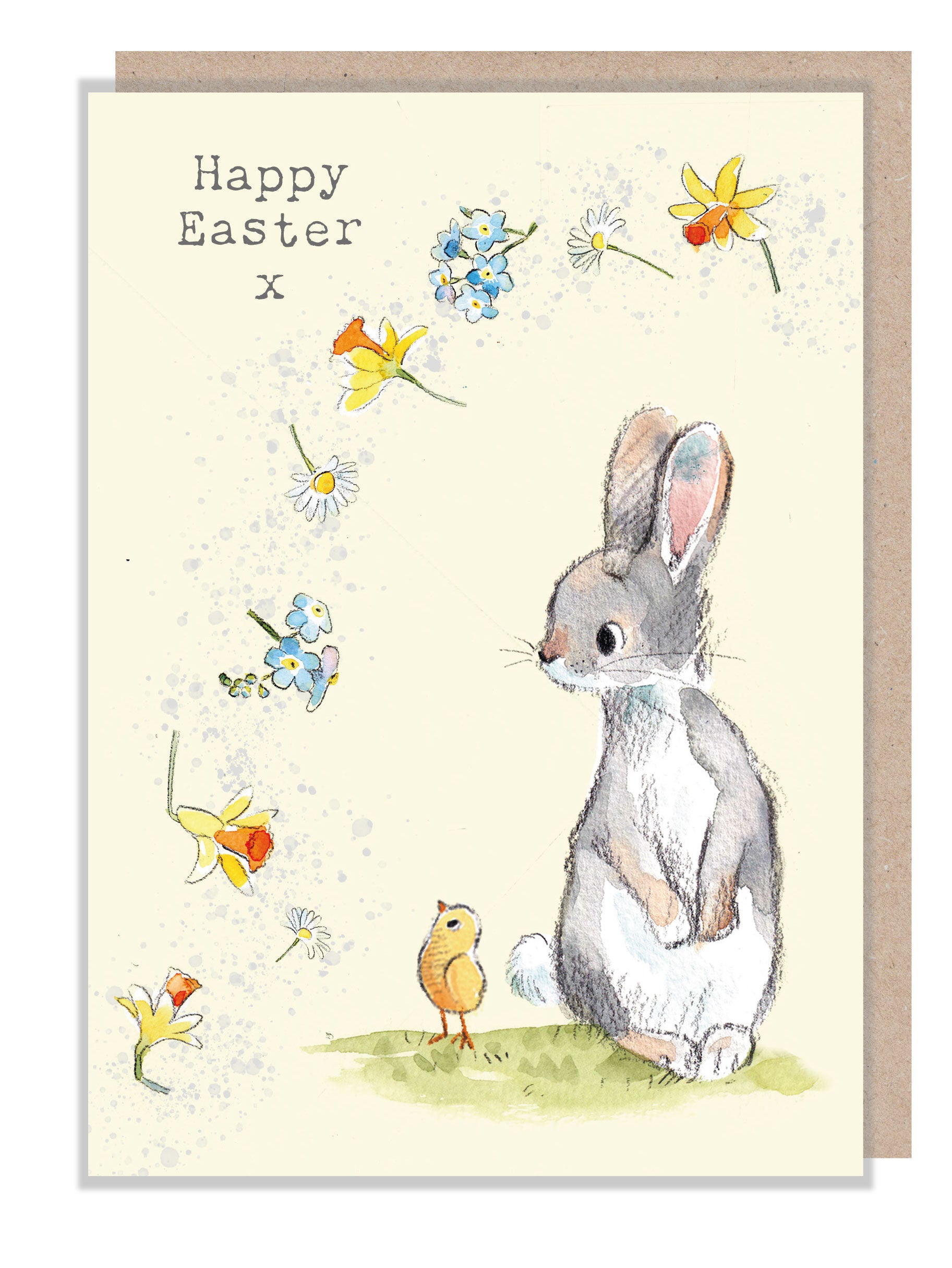 Happy Easter Card - Rabbit with Chick and flowers