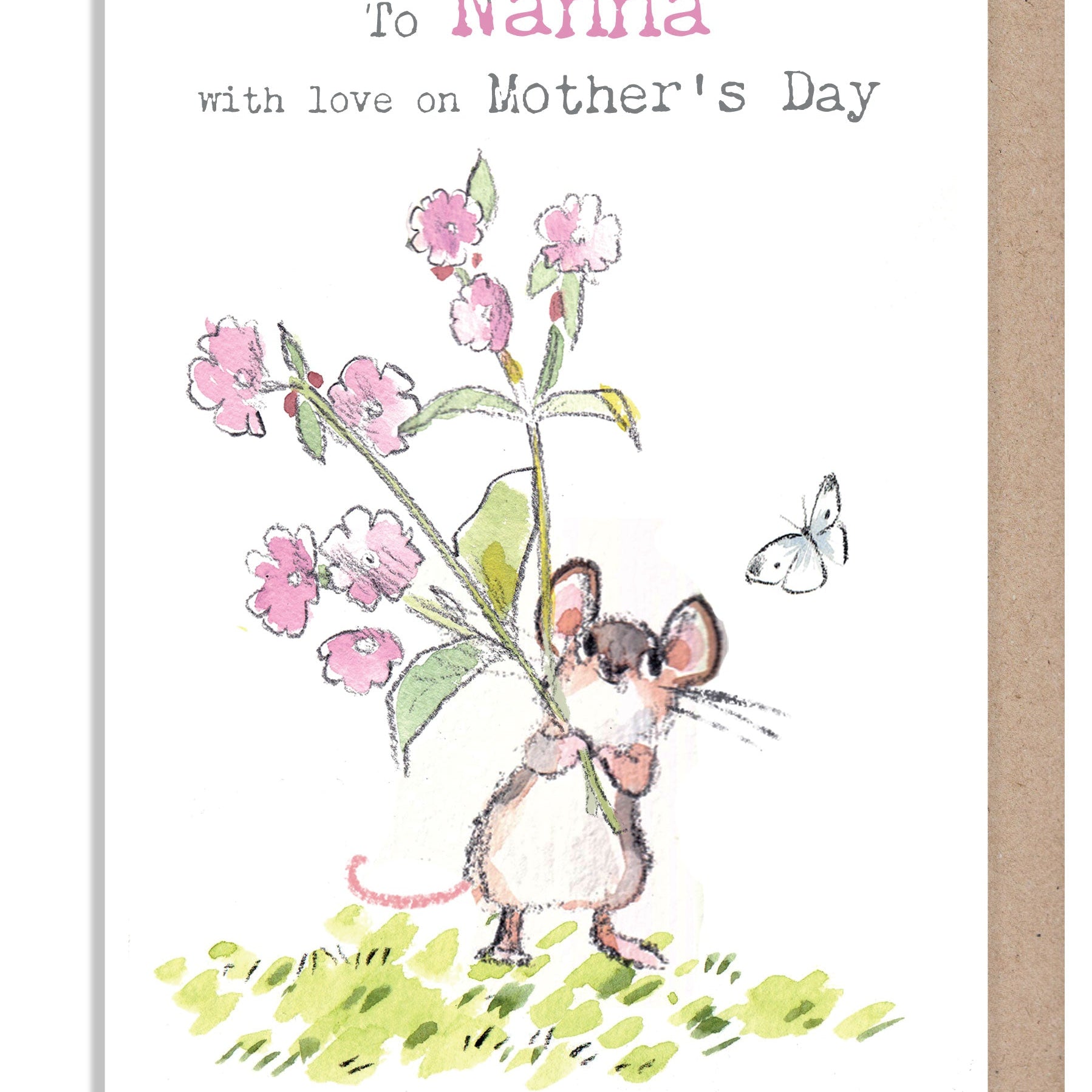 Mother's Day Card - Nanna - Mouse with Pink Flowers and Butterfly
