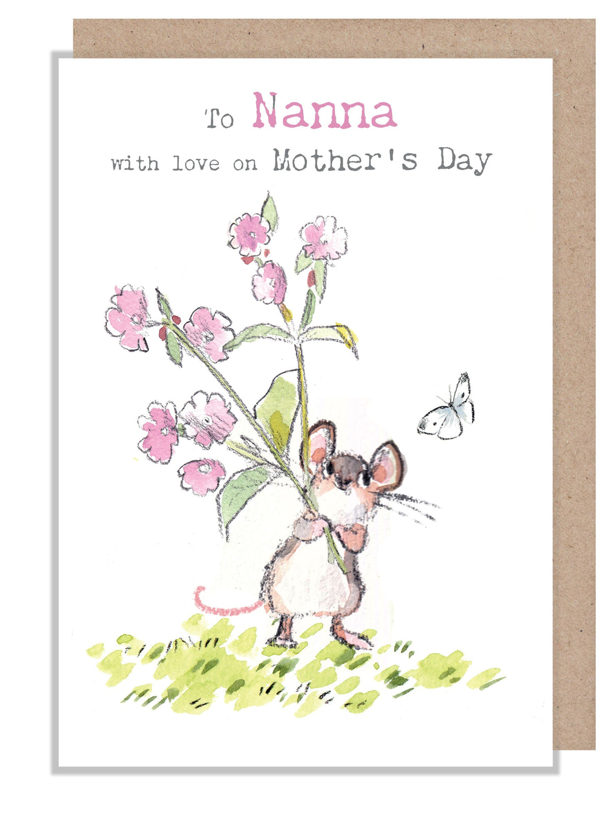 Mother's Day Card - Nanna - Mouse with Pink Flowers and Butterfly