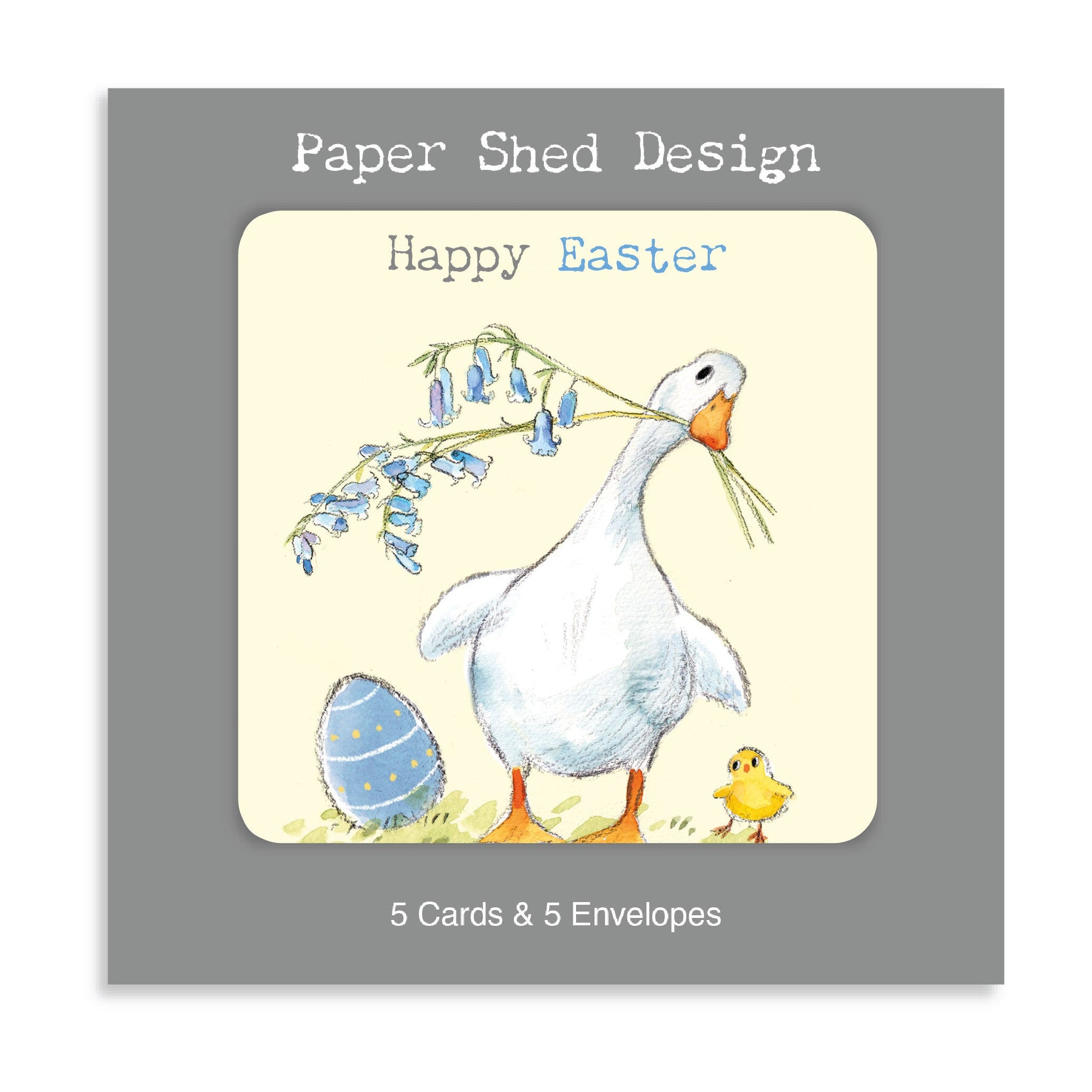 Easter Pack - 5 Cards  - White Duck with Bluebells, Easter Egg and Chick