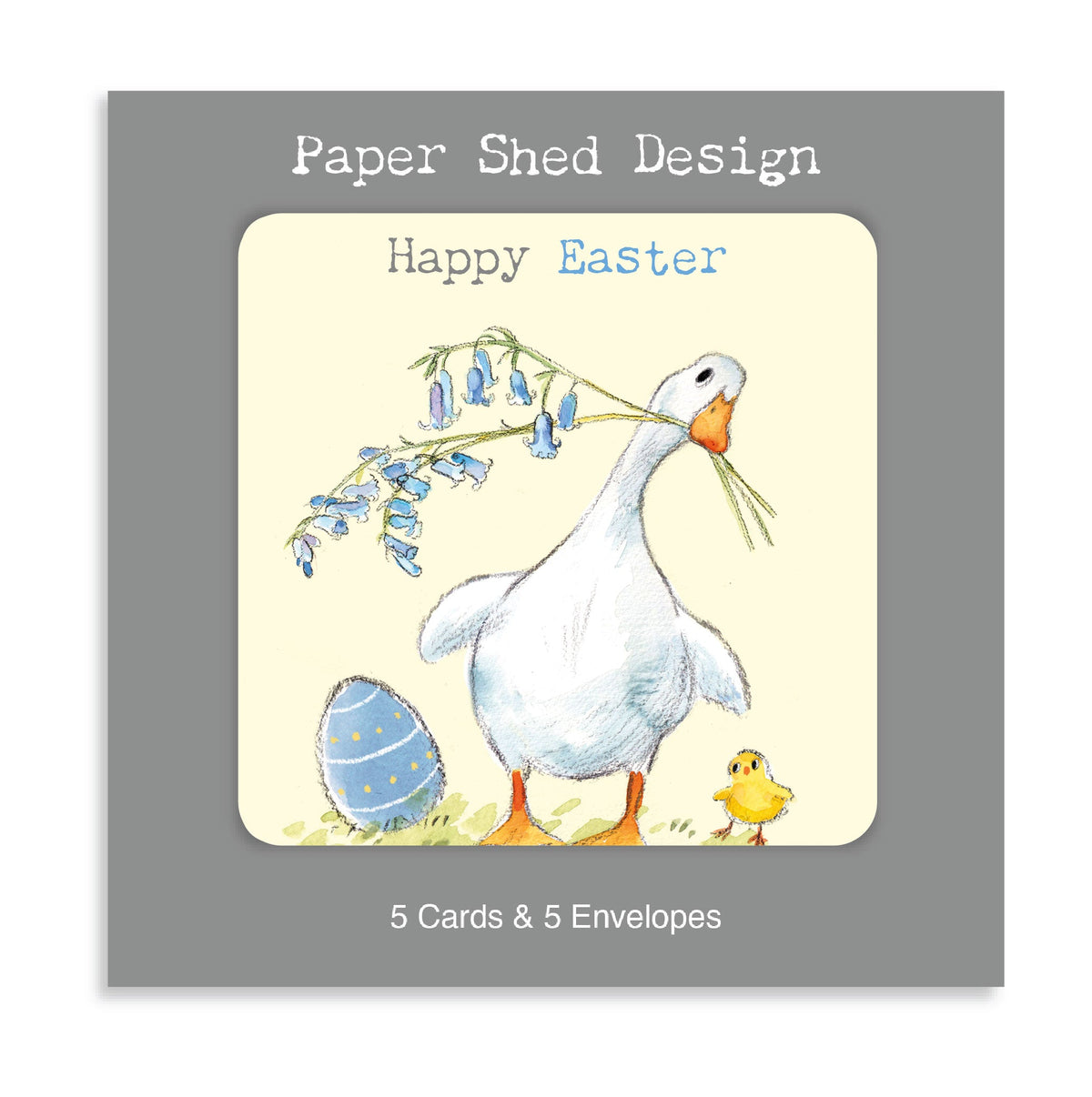 Easter Pack - 5 Cards  - White Duck with Bluebells, Easter Egg and Chick