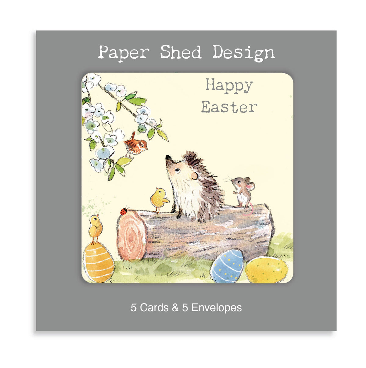 Easter Pack - 5 Cards - Hedgehog, Mouse and Chicks on Log, Bird in Blossom Tree