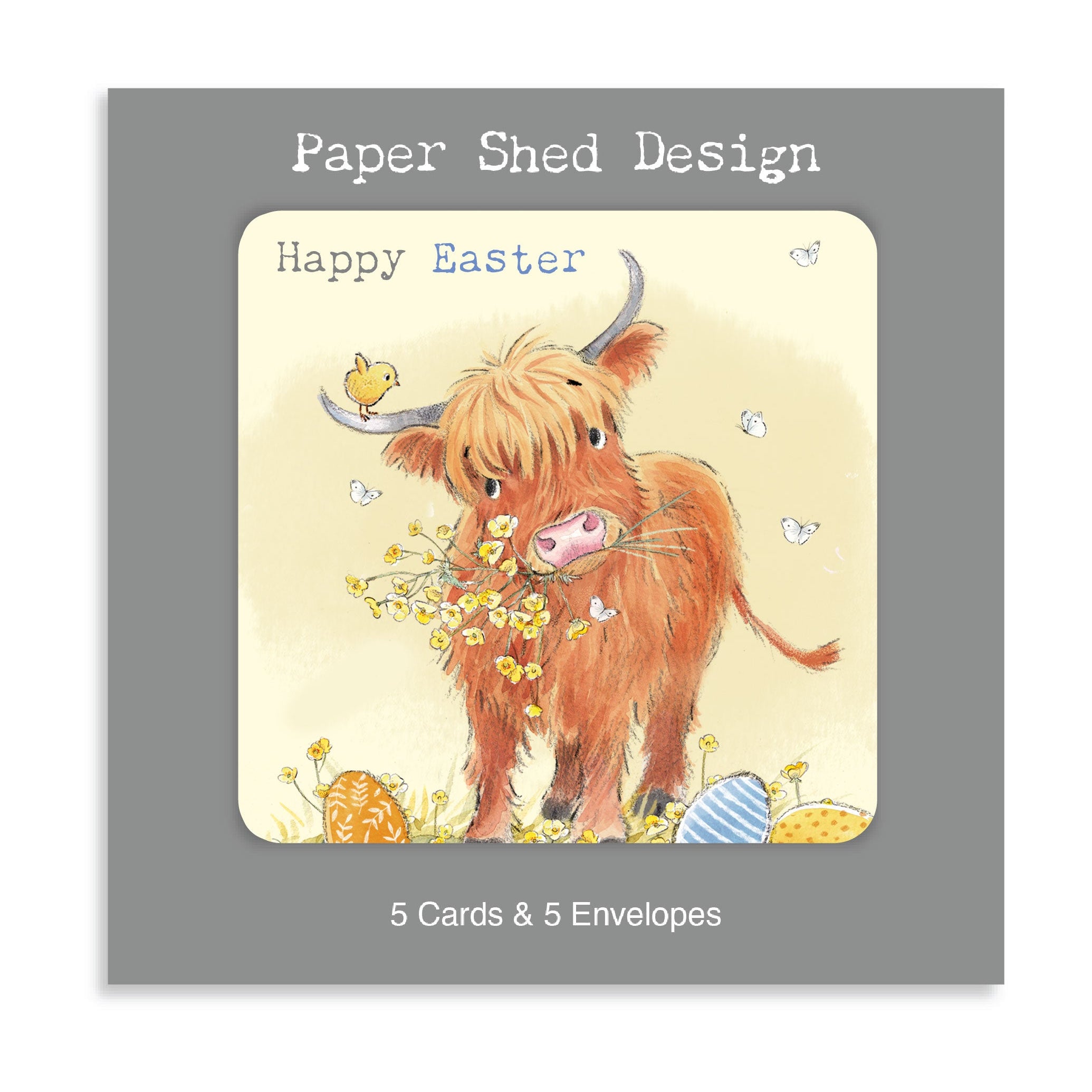 Easter Pack - 5 Cards - Highland Cow with Chick and Eggs