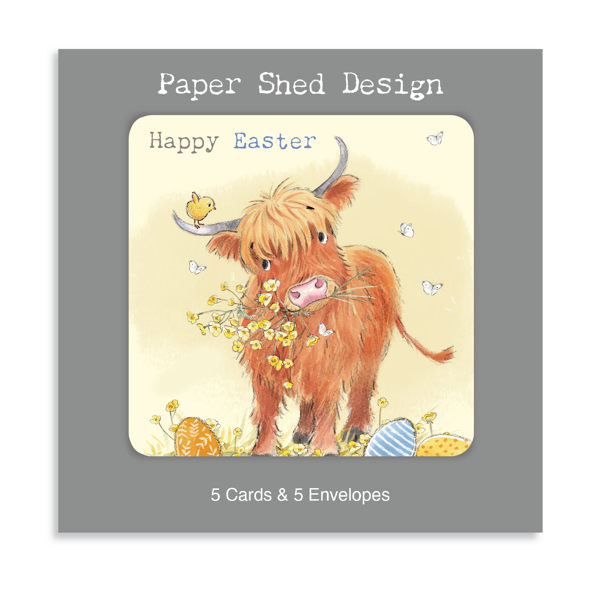 Easter Pack - 5 Cards - Highland Cow with Chick and Eggs