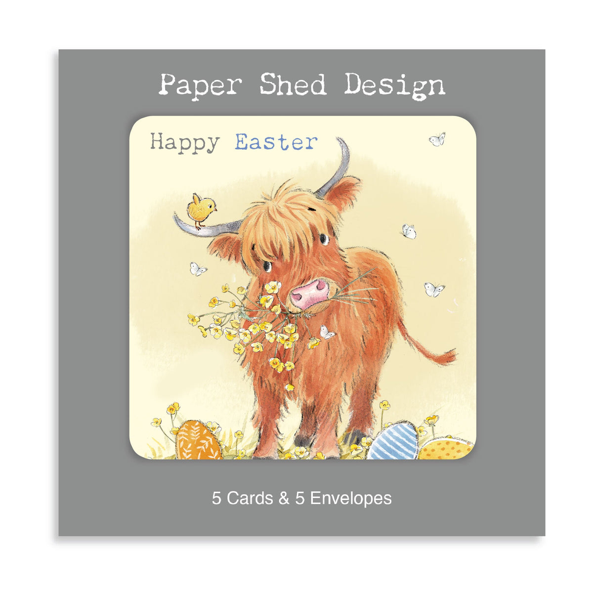 Easter Pack - 5 Cards - Highland Cow with Chick and Eggs