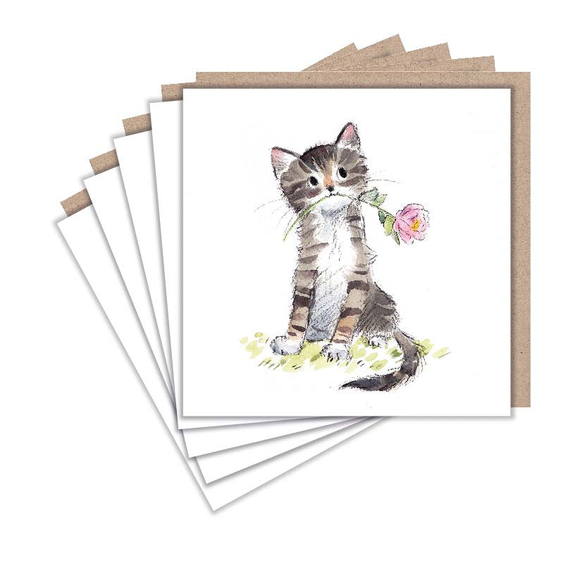 NOTECARD PACK - TABBY KITTEN WITH ROSE