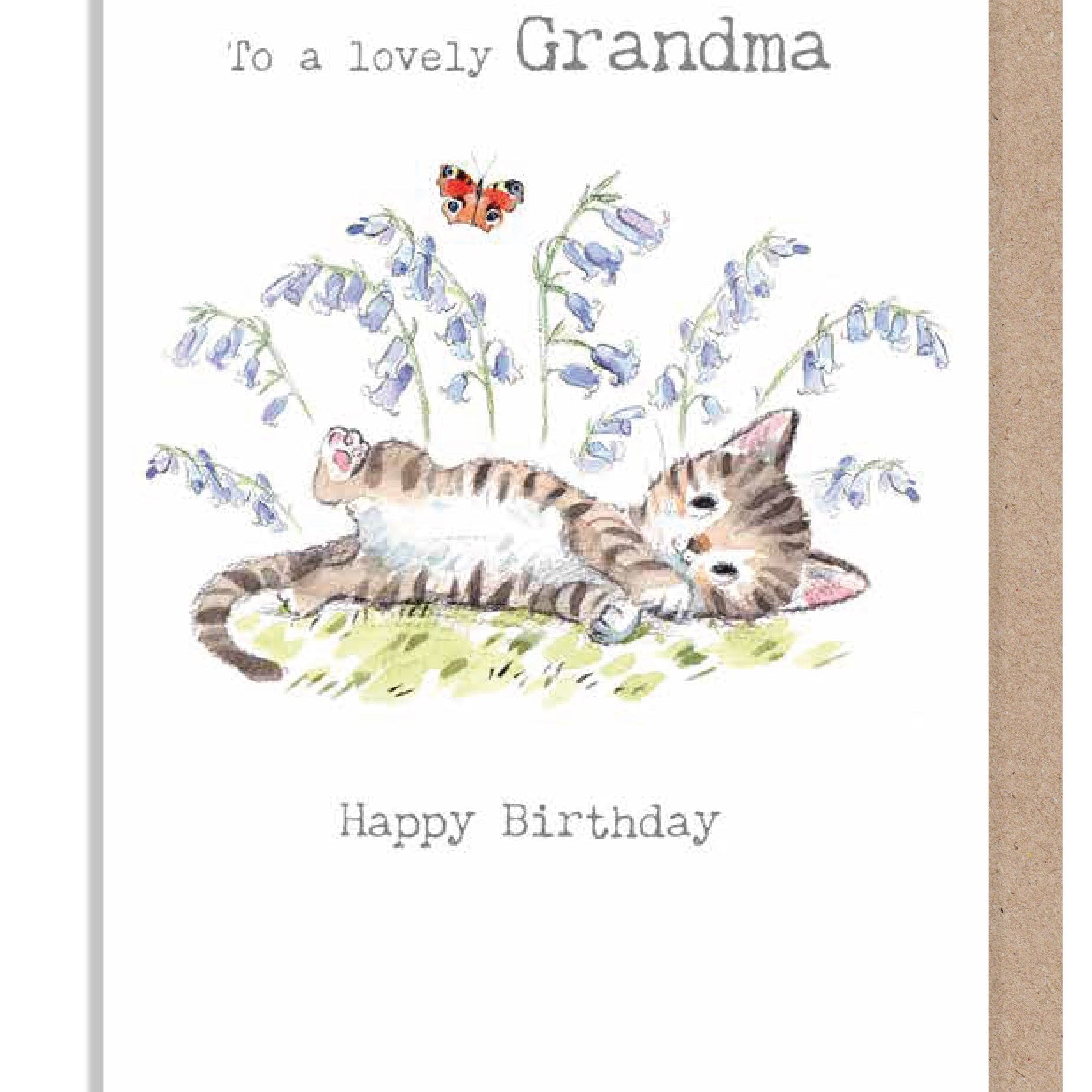 Birthday Card - Grandma - Kitten with Butterfly and Bluebells