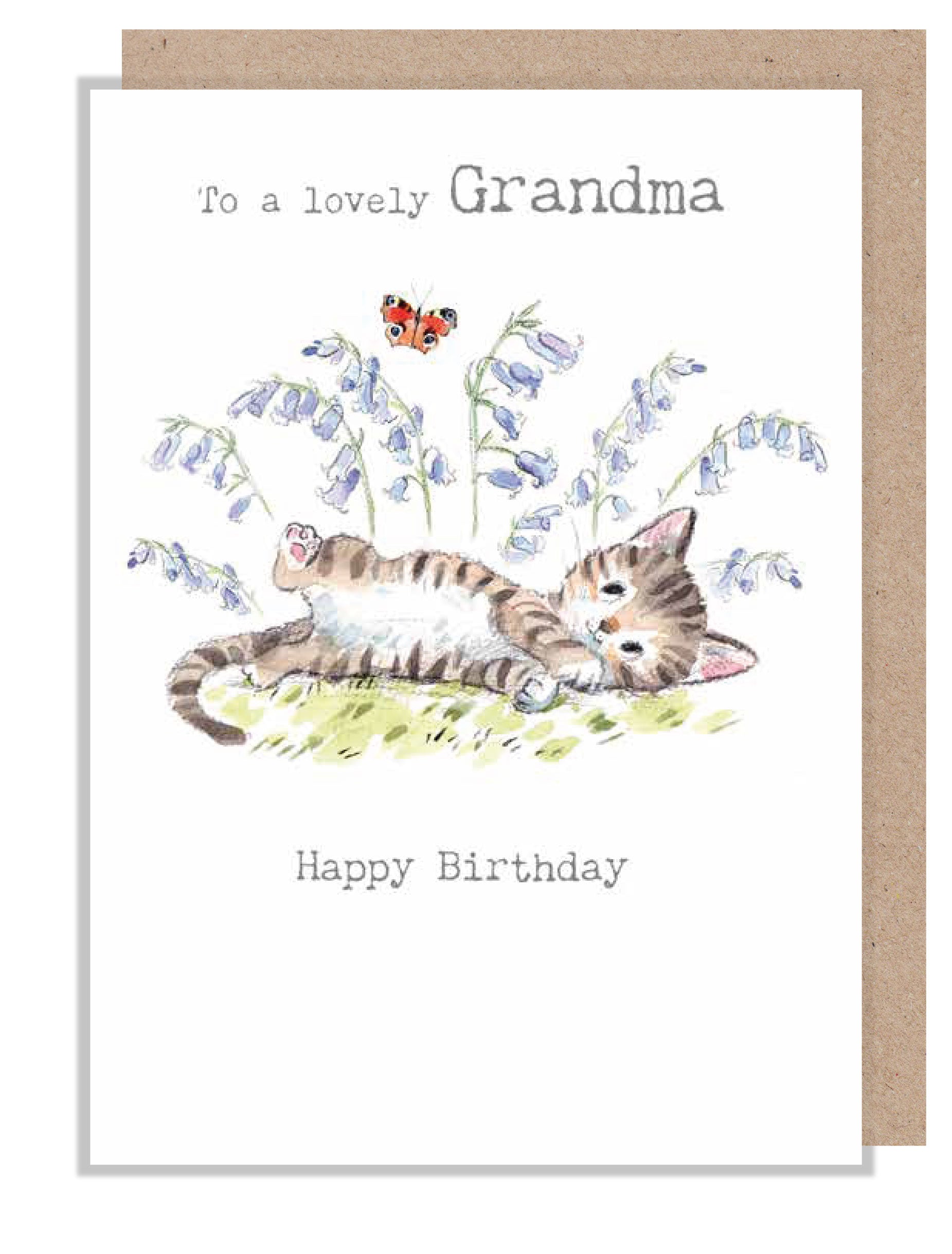 Birthday Card - Grandma - Kitten with Butterfly and Bluebells