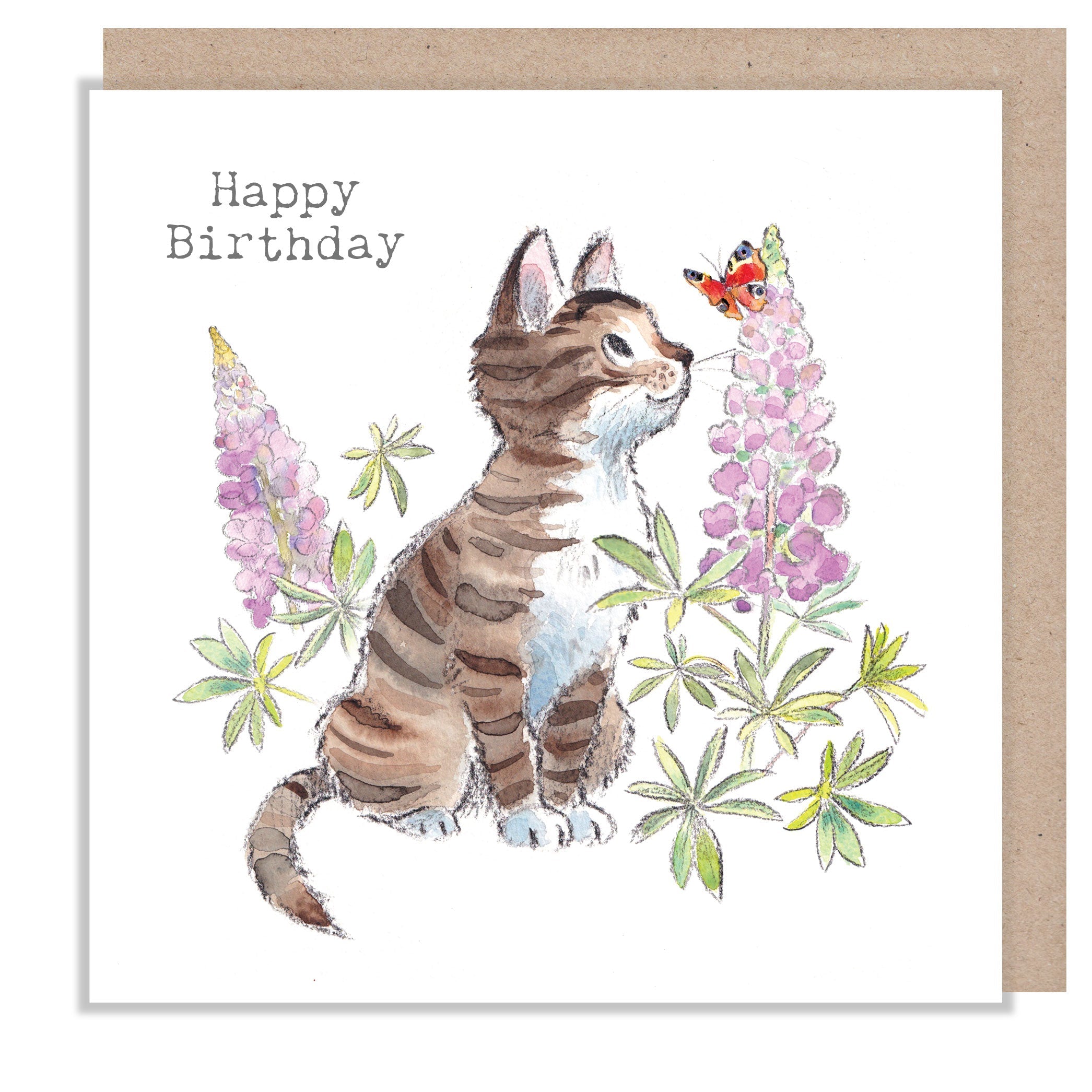 Greeting Card - Happy Birthday - Tabby Kitten, Butterfly and Pink Lupins