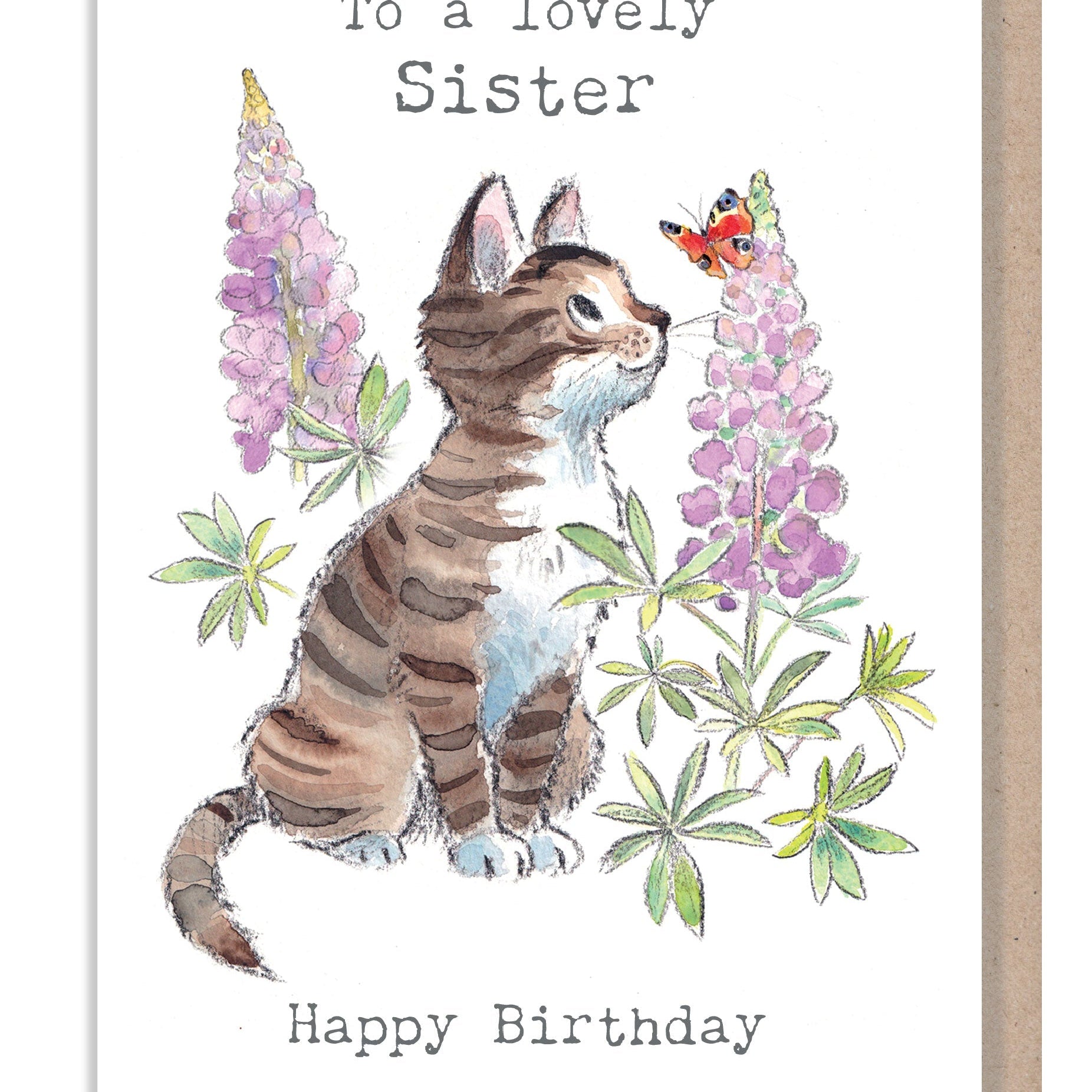 Birthday Card - Lovely Sister - Tabby Cat with Flowers