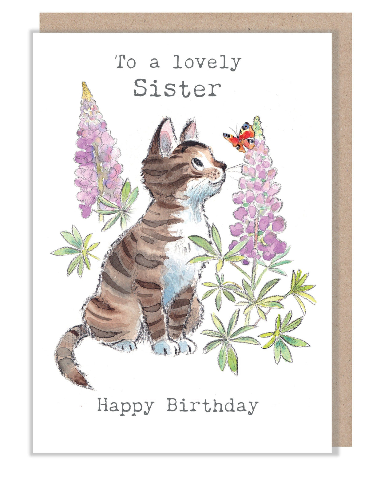 Birthday Card - Lovely Sister - Tabby Cat with Flowers